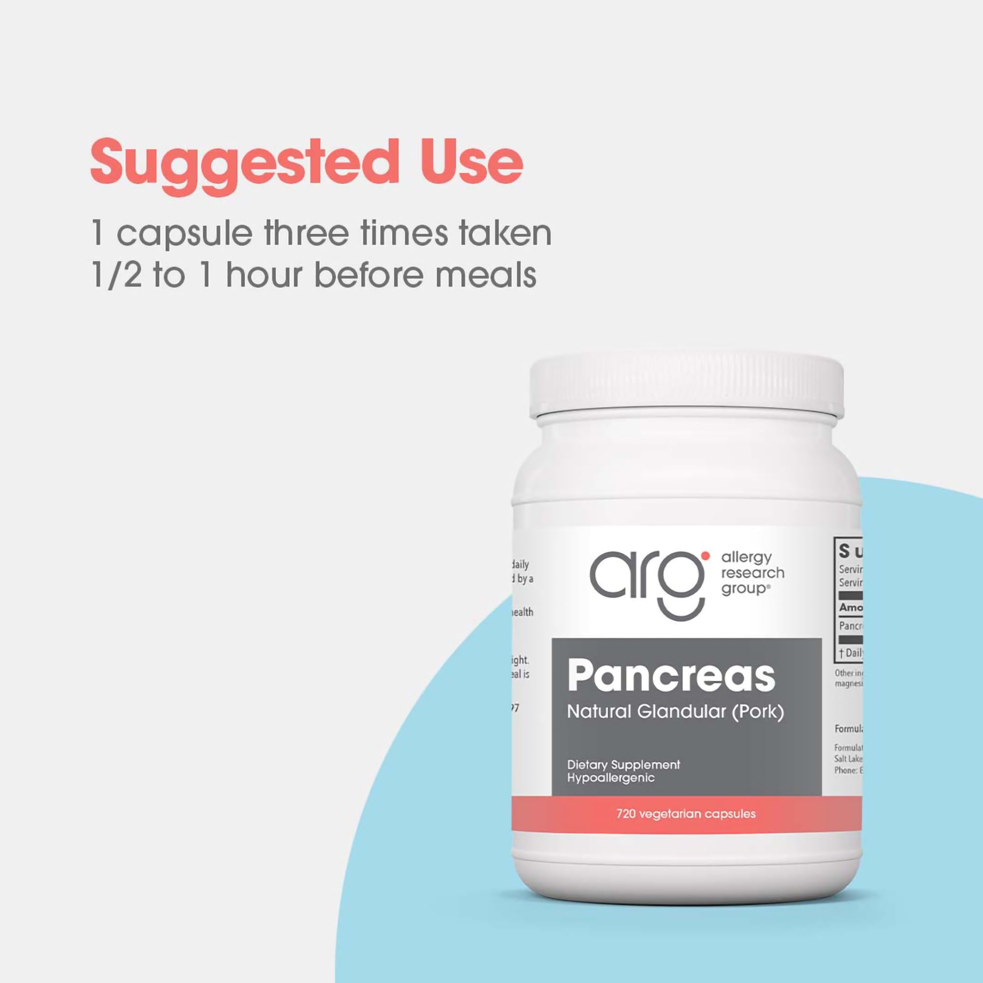 Allergy Research Group Pancreas Dietary Supplement - 720 Count | Digestive Support with Natural Pork Glandur | Hypoallergenic, Vegetarian & Gluten-Free Capsules | Ideal for Gut Health & Enzyme Support