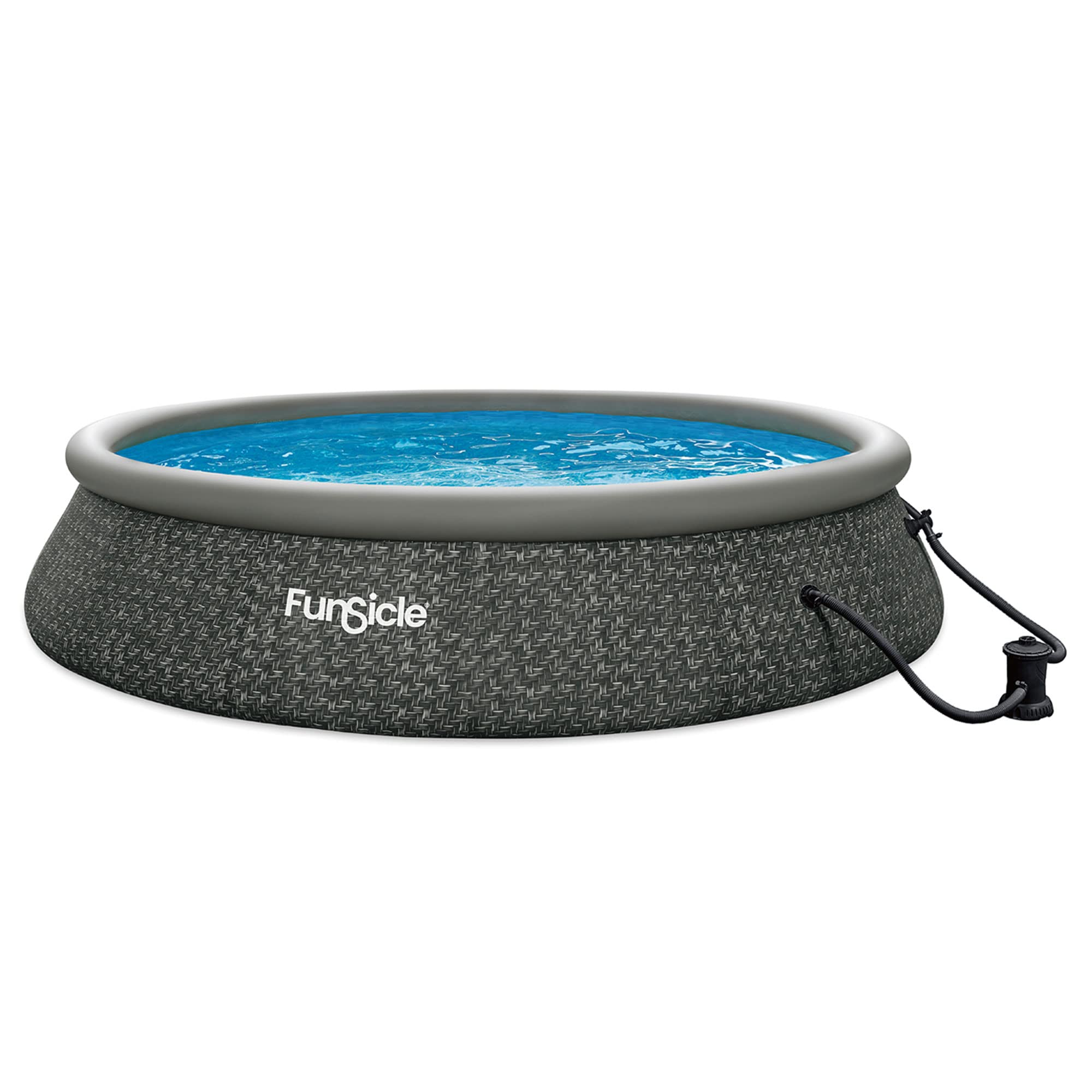Funsicle 15ft x 36in Quick-Set Inflatable Round Above Ground Swimming Pool Set with Pump & Filter - Dark Herringbone Design for Backyard, Family Fun & Summer Relaxation