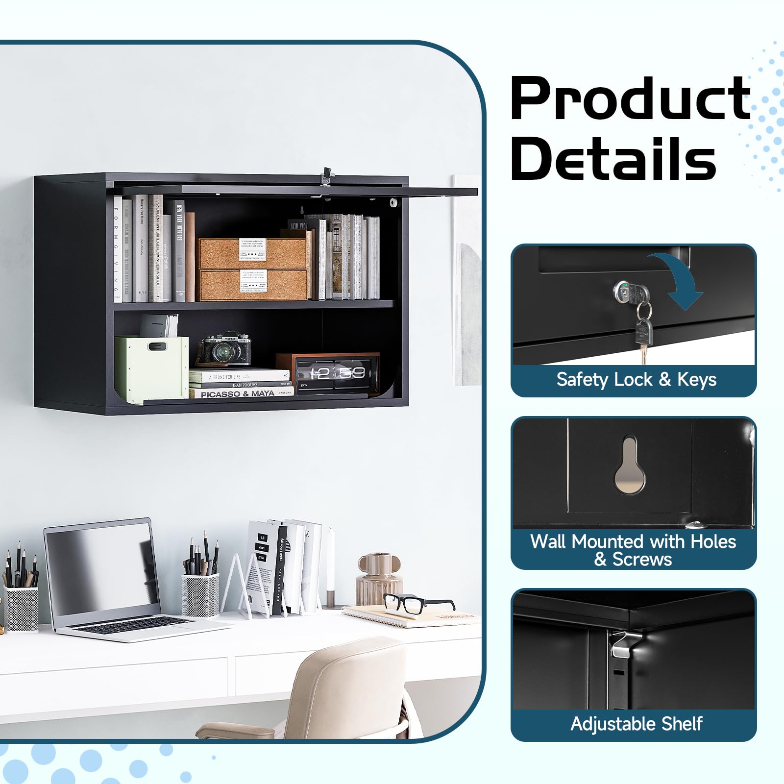 MIIIKO Wall Mounted Metal Cabinet with Locking Door and Adjustable Shelf - Garage Tool Storage, Home Office Organizer, Kitchen & Pantry Cabinet - Perfect for Organizing Tools, Supplies & Kitchen Essentials