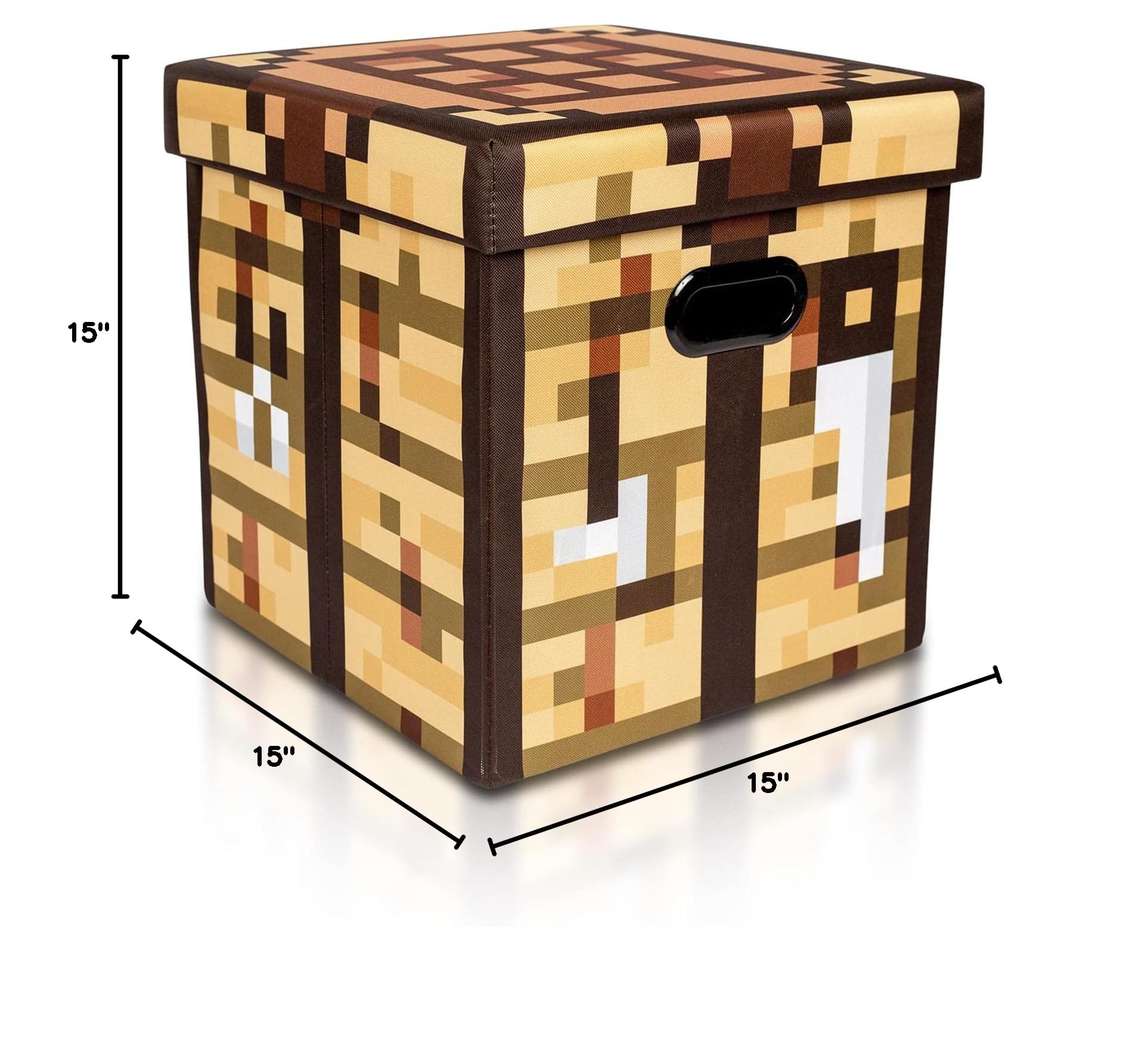 Official Minecraft Crafting Table 15-Inch Foldable Storage Bin with Lid - Fabric Basket Organizer Cube with Handles, Brown Closet Organizer - Perfect for Bedroom, Playroom & Video Game Collectible Storage