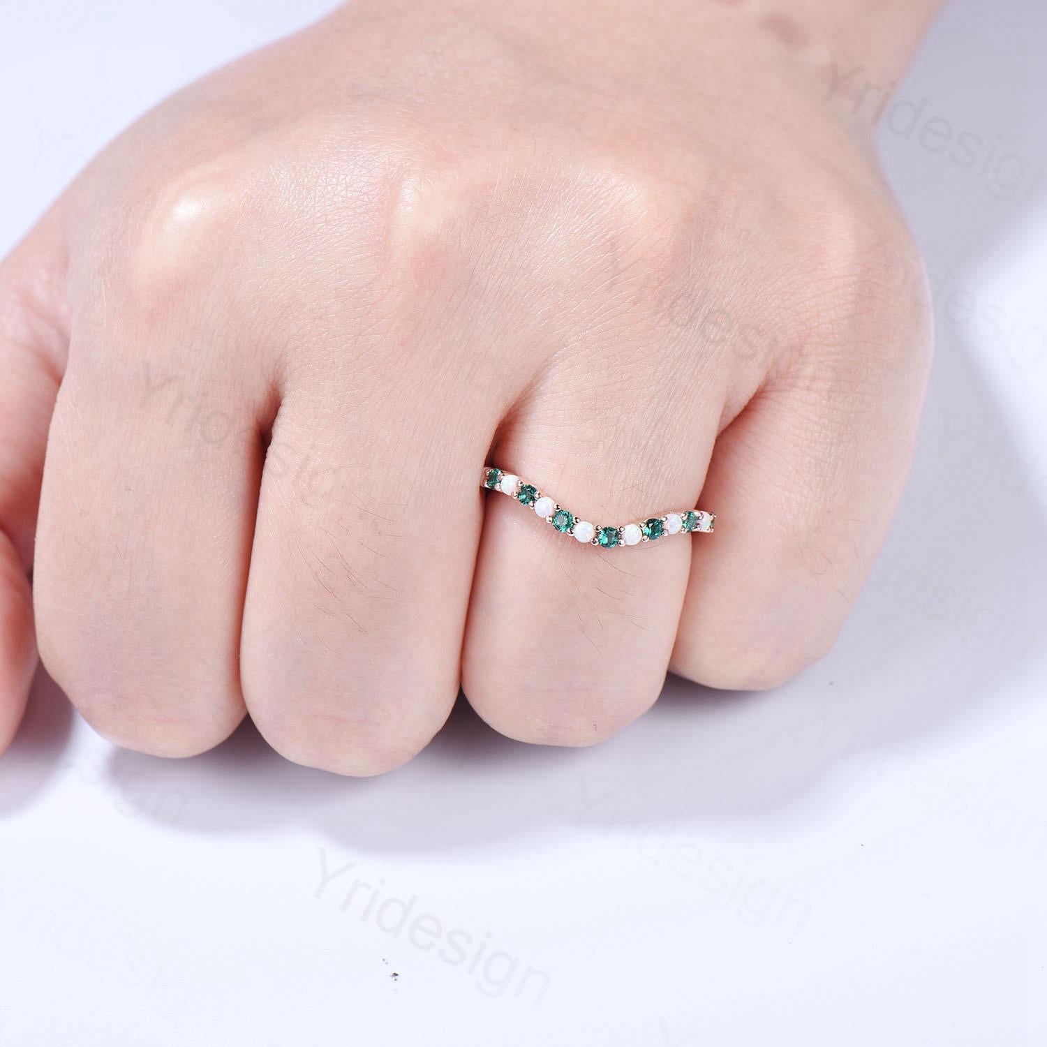 Curved Opal Wedding Ring - Half Eternity Opal & Emerald Wedding Band in Sterling Silver or 14K Rose Gold - Hexagon Cut Anniversary Stacking Ring for Bridal Jewelry & Special Occasions