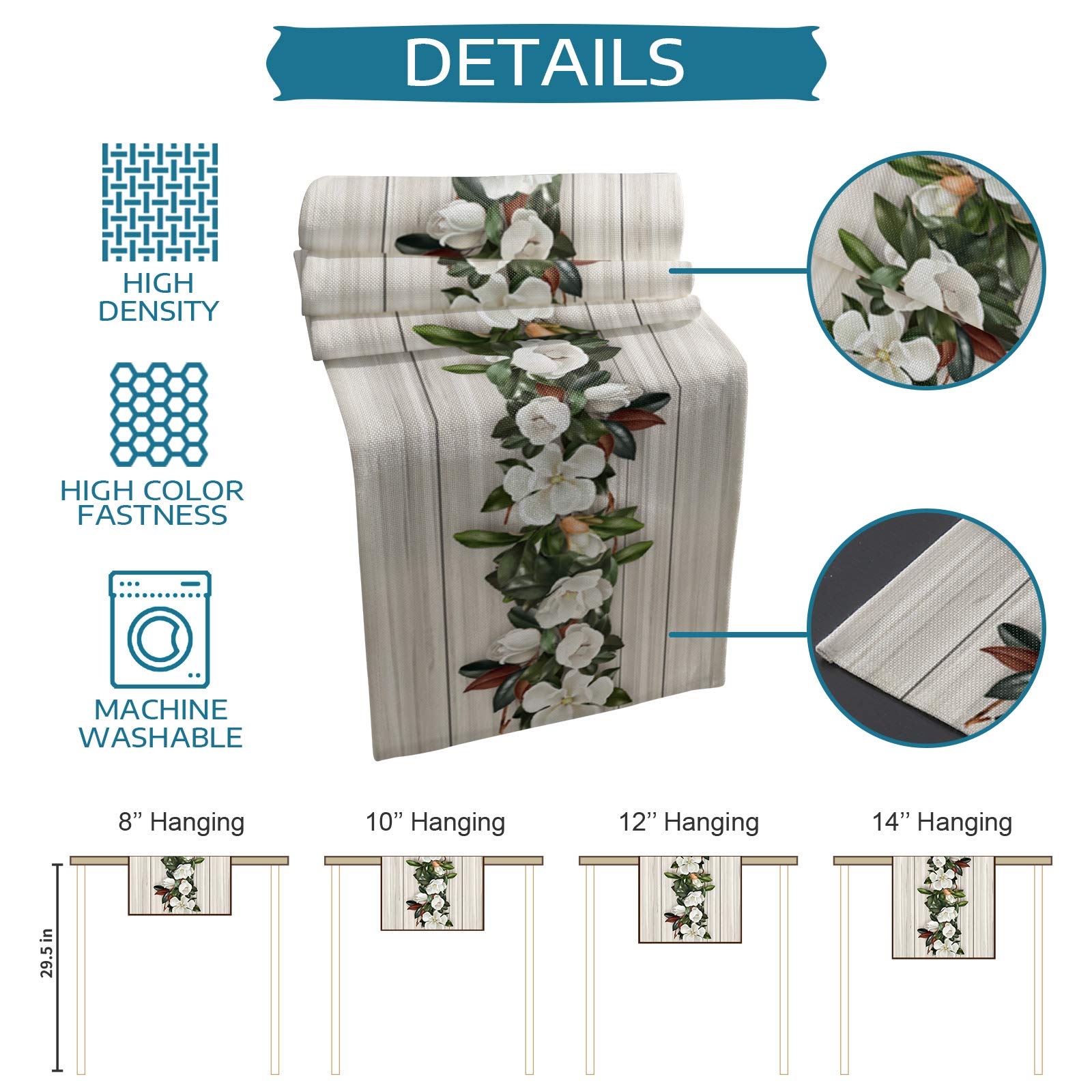 Floral Burlap Linen Table Runner 13x108 Inch - Rustic Magnolia Flower Wood Grain Design for Kitchen, Dining Table Decor | Perfect for Weddings, Bridal Showers & Daily Home Decor