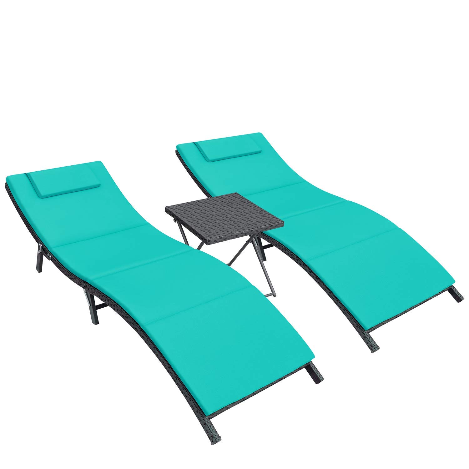 Homall 3-Piece Outdoor Patio Chaise Lounge Chair Set - PE Rattan Reclining Pool & Beach Chairs with Folding Table & Cushion (Blue) - Perfect for Backyard, Garden, Poolside & Beach Relaxation