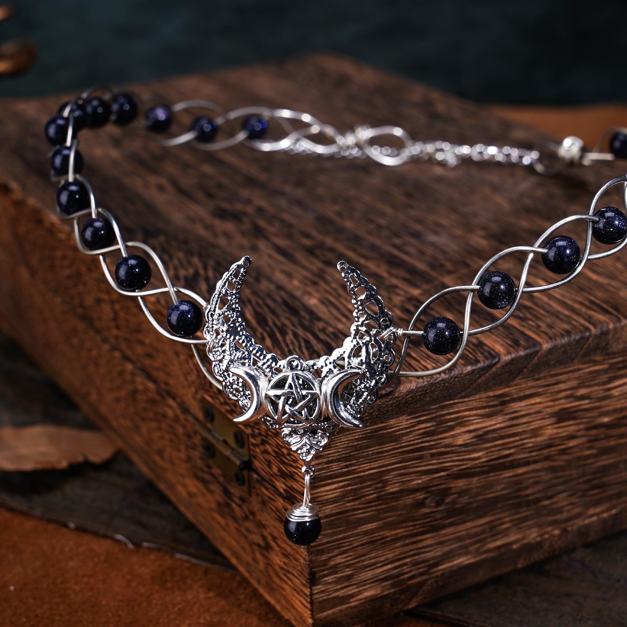 Silver Moon Viking Crown - Medieval Fairy Circlet Headpiece with Natural Crystals | Renaissance Festival, Celtic Wedding, Rave Party Costume Accessory | Perfect for Cosplay, LARP, and Fantasy Events