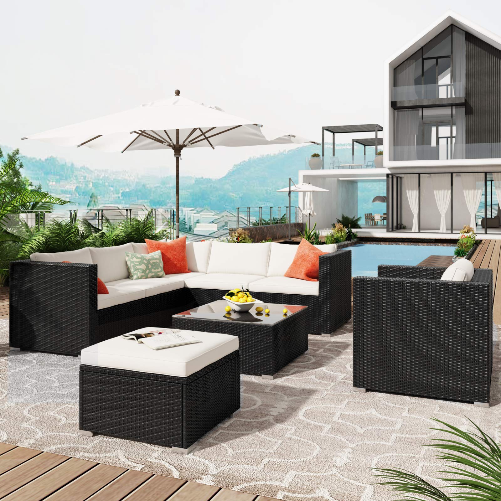 Okngr 8-Piece Outdoor Patio Furniture Set - Brown Wicker Rattan Sectional Sofa with Coffee Table, Cushions & Ottoman - Perfect for Garden, Backyard, Poolside and Patio Relaxation