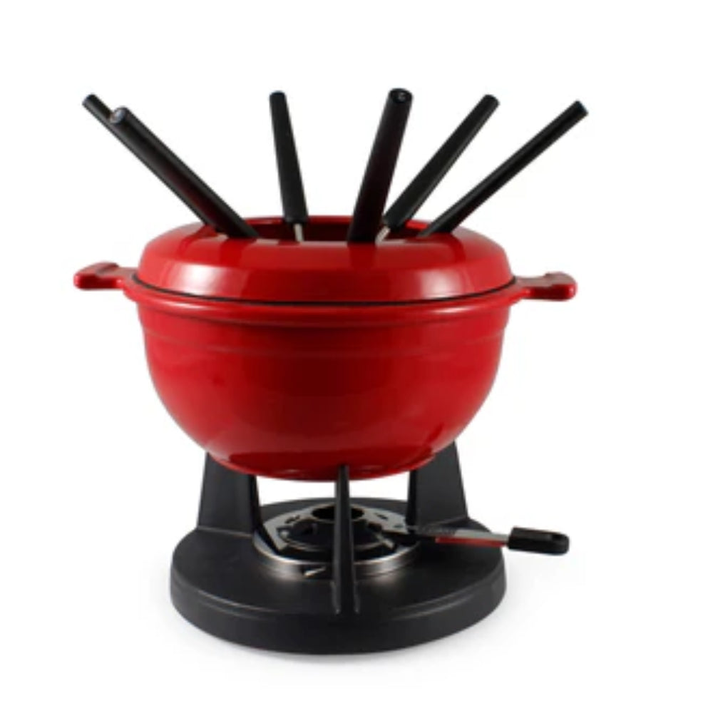 Premium Swissmar Lucerne 10-Piece Cast Iron Fondue Set - Cherry Red | Authentic Swiss Cheese & Chocolate Fondue Pot for Parties, Romantic Dinners & Family Gatherings