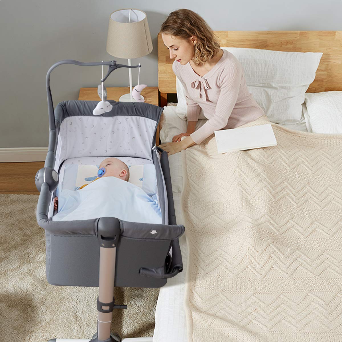 BABY JOY Adjustable Portable Baby Bassinet Crib with Music Box, Toy Rack & Mattress - Breathable Mesh Design, Foldable Travel Bassinet for Newborns - Perfect for Nursery, Bedside Sleeping & Travel (Dark Grey)
