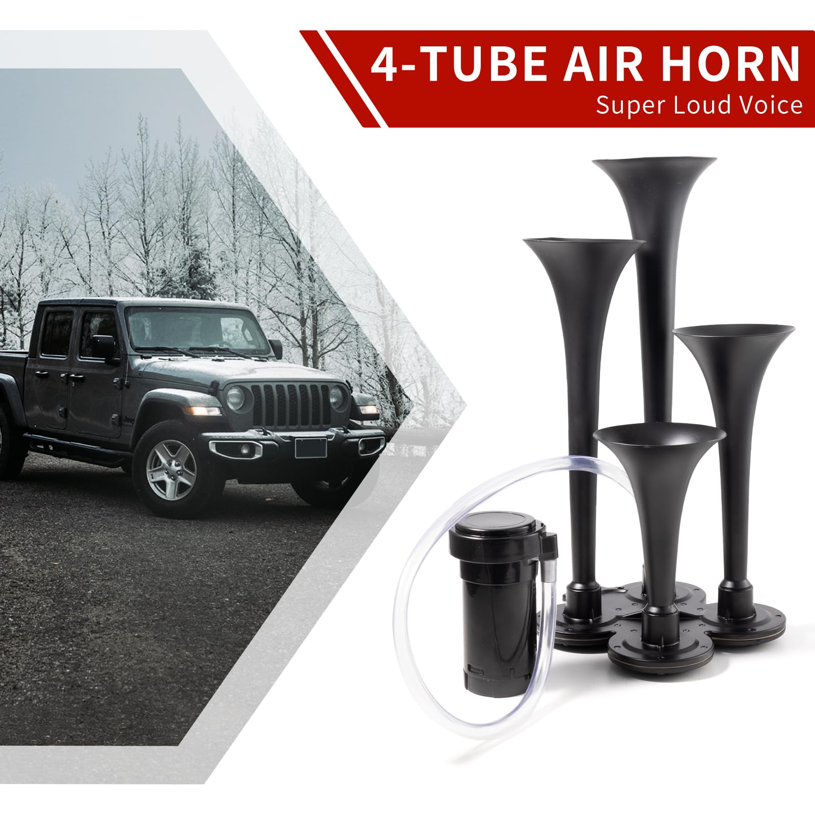 FARBIN 150DB Super Loud Train Air Horn Kit - 12V 4 Trumpet Car Horn with Compressor for Trucks, Pickups, SUVs, Jeeps, Boats (Matte Black) - Perfect for Off-Roading, Emergency Alerts & Vehicle Customization