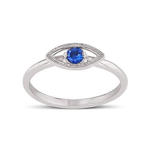 14K Solid Gold Evil Eye Ring with Genuine Cubic Zirconia & Sapphire Gemstone - Rose/White/Yellow Gold Stackable Eternity Ring, Dainty Blue Solitaire Birthstone Jewelry - Handmade in USA - Perfect Gift for Women, Bridesmaids, Birthday & Protection Jewelry for Everyday Wear, Spiritual Healing & Good Luck Charm