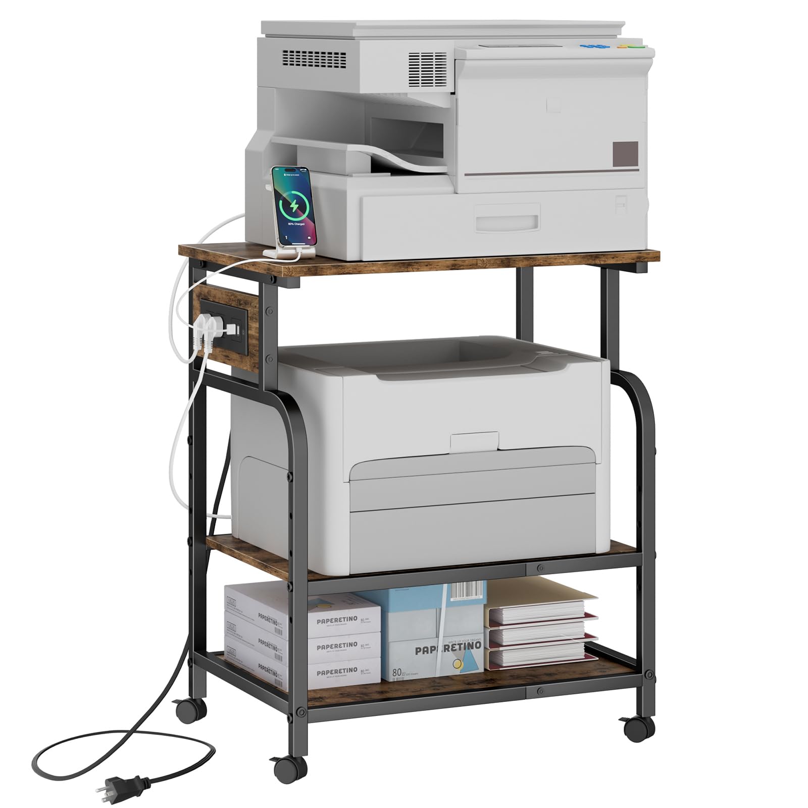 3 Tier Large Printer Stand with Power Outlet & USB Port - Adjustable Rolling Cart for 3D Printer, Heat Press, Laser Printer - Rustic Brown Storage Shelf - Perfect for Home Office, Workshop & Craft Room Organization