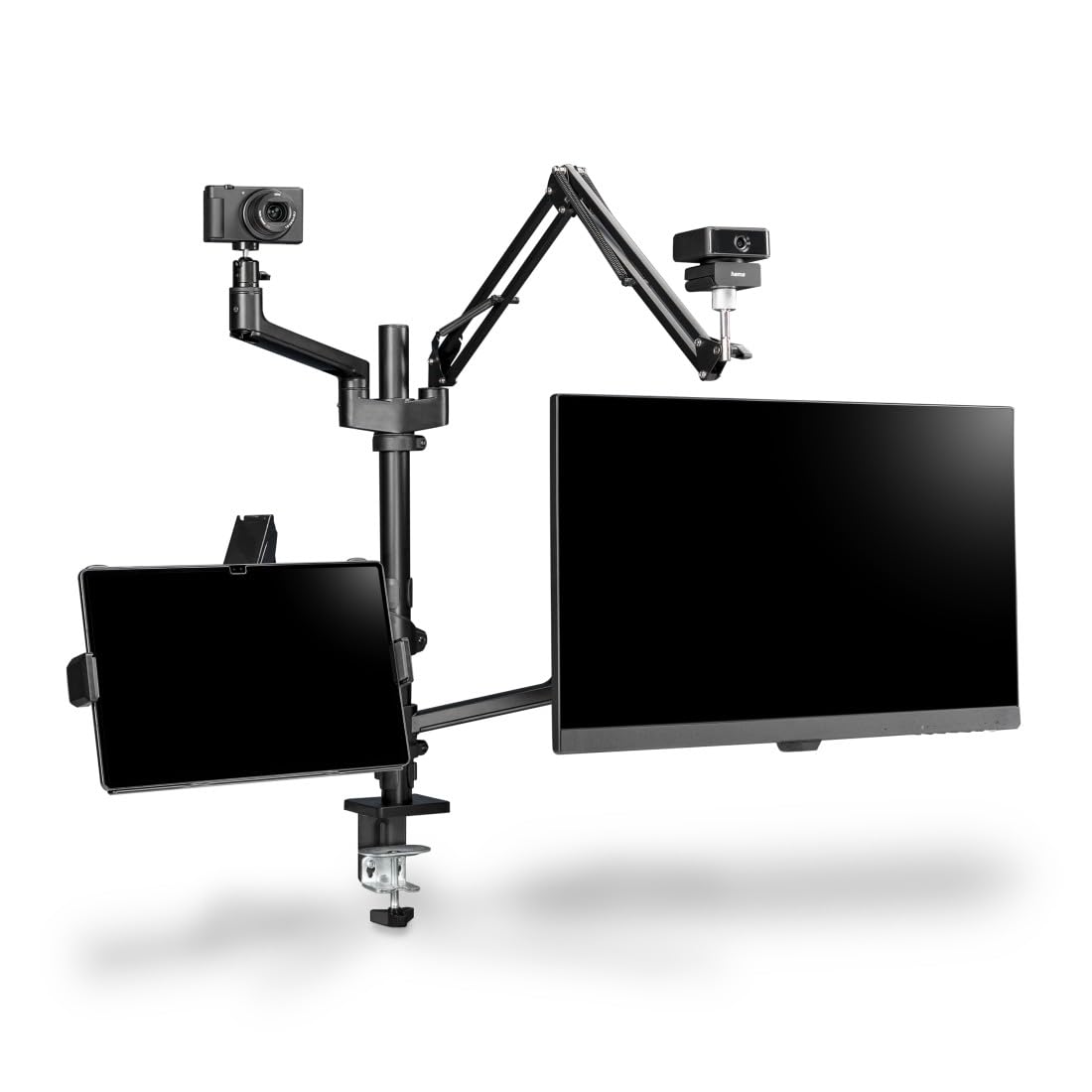 Hama Dual Monitor Mount Stand - 4 Arm Adjustable Swivel Tilt Desk Mount with Microphone Boom & Tripod Base for Streaming Setup, PC Monitors, Camera, Ring Light, Phone (Black) - Perfect for Home Office, Gaming & Live Streaming