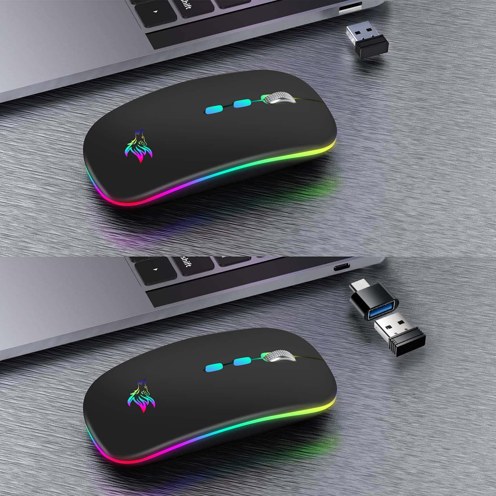 Hotlife Slim Rechargeable Wireless Mouse - Silent LED Optical 2.4G/Bluetooth Dual Mode Computer Mouse with USB Receiver & Type C Adapter (Black) for Office, Gaming & Travel Use
