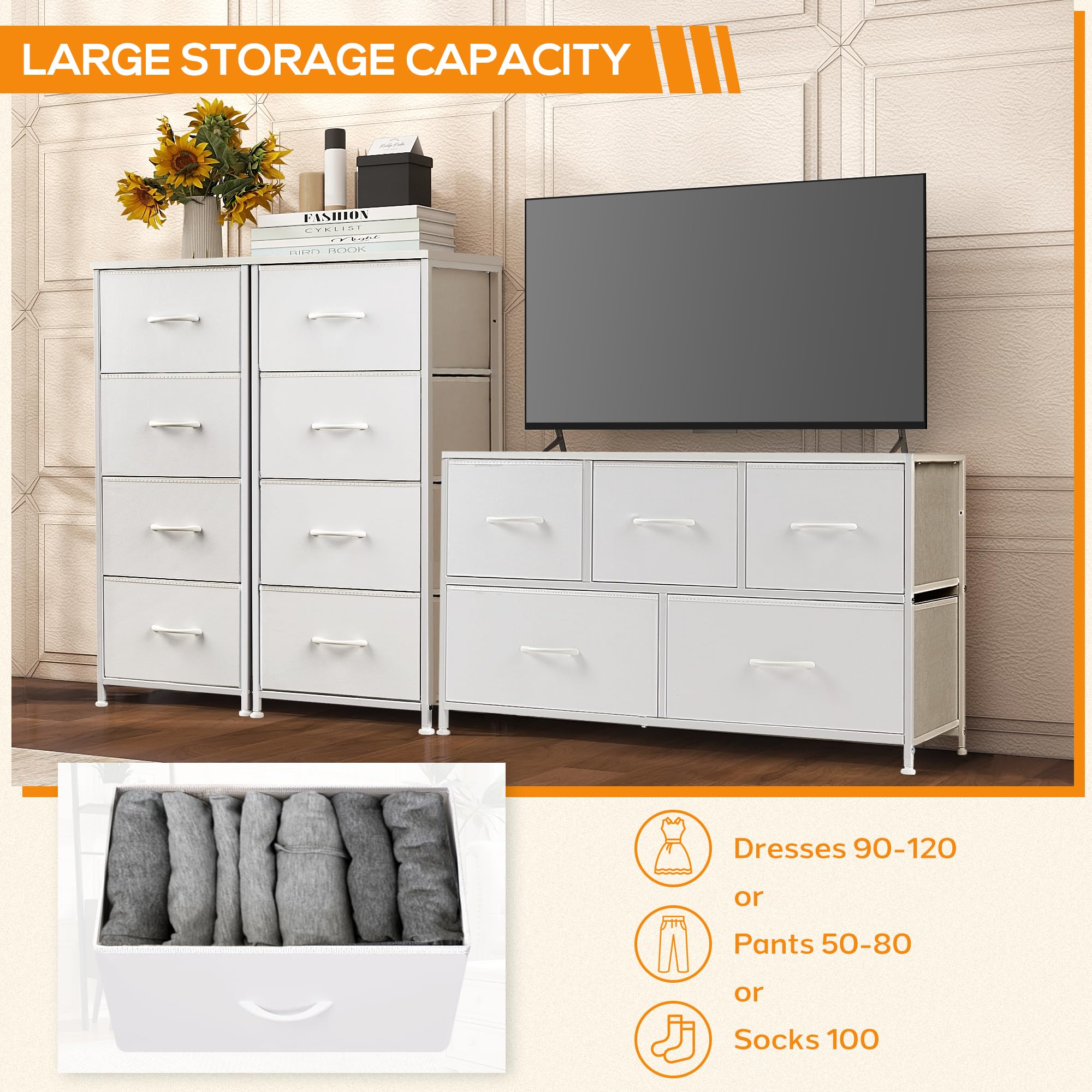 DUMOS 4-Drawer Dresser for Bedroom Storage - Tall Fabric Closet Organizer with Wooden Top & Metal Frame - Kids Clothes Chest for Living Room, Hallway, Entryway | Perfect for Small Space Organization & Home Decor