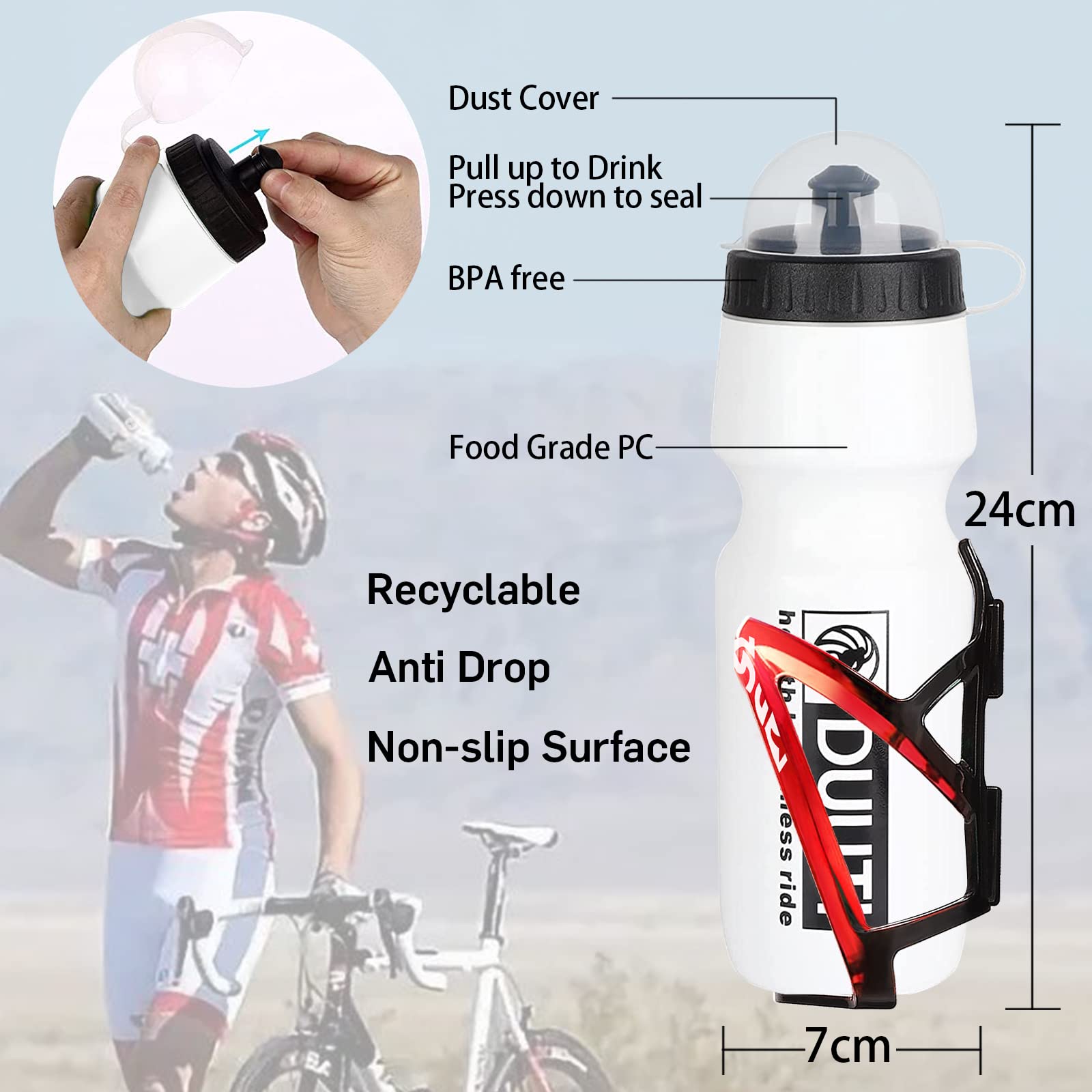 BPA-Free 25oz Bike Water Bottle with Ultralight Plastic Cage Holder - Leakproof Cycling Accessory for Mountain & Road Bikes - Perfect for Outdoor Sports, Commuting & Fitness Training