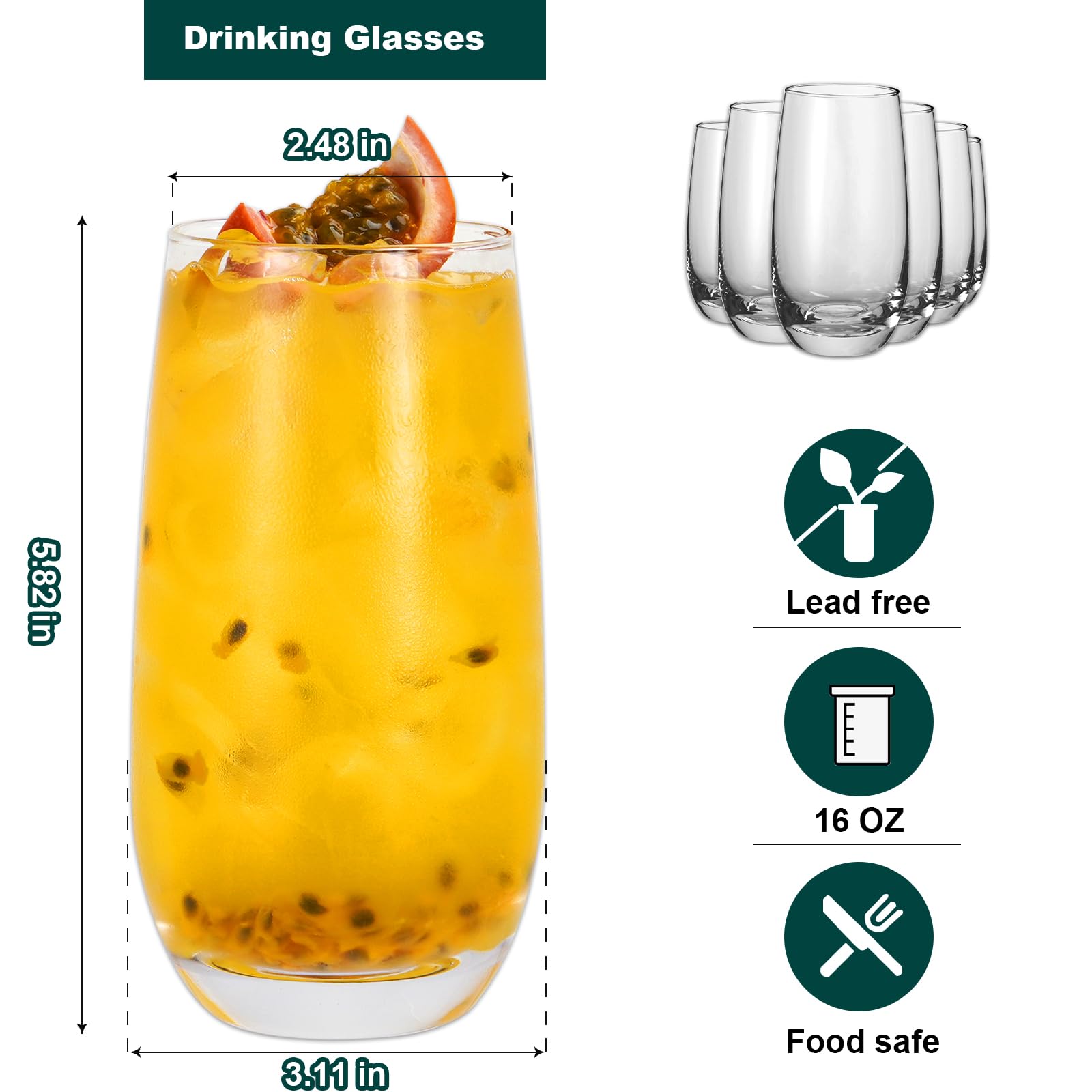6-Piece Highball Glasses Set - 16 oz Cocktail Glasses for Mojito, Collins & Mixed Drinks - Durable Barware for Home, Parties & Restaurants