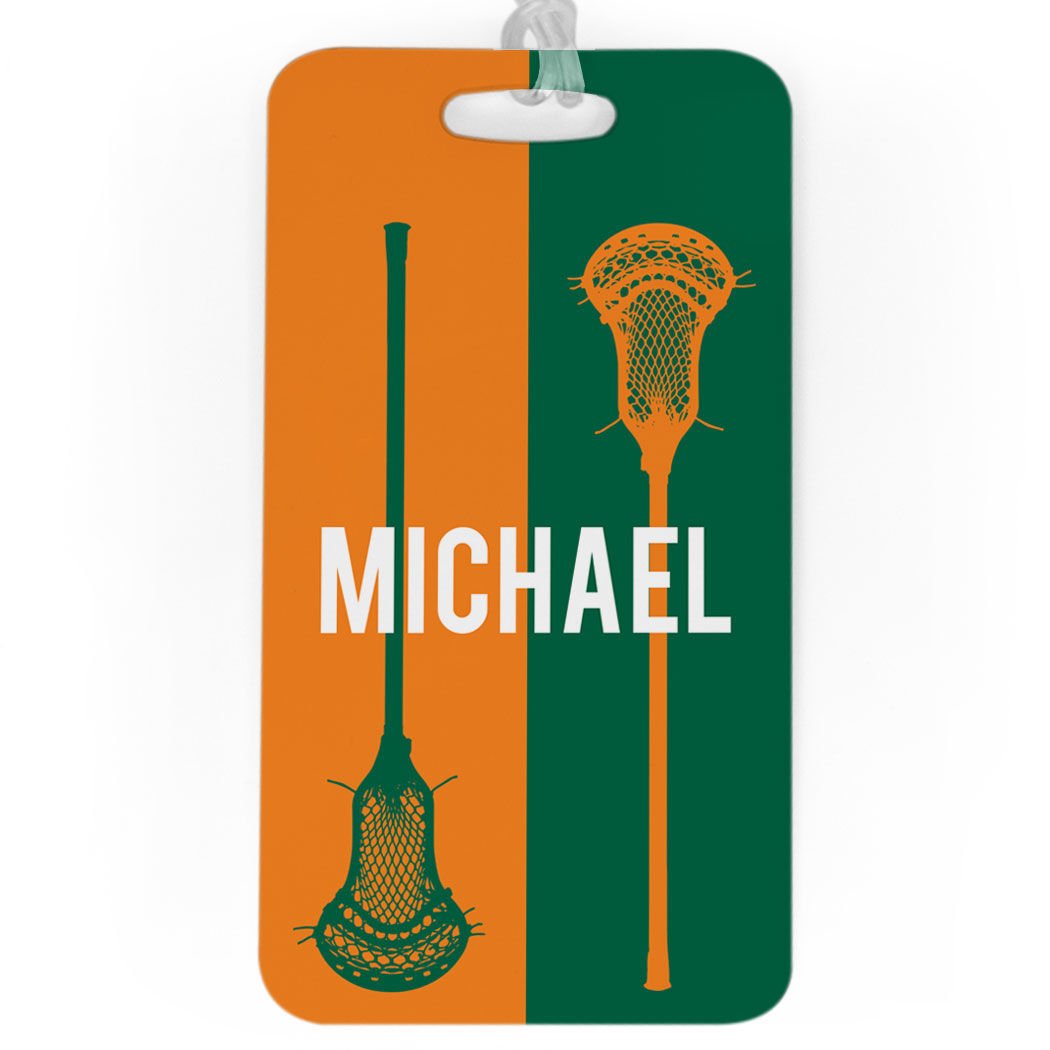 Personalized Vertical Lacrosse Stick Luggage Tag for Men - Large Gold/Green Standard Lines - Perfect for Travel Gear & Sports Equipment Identification