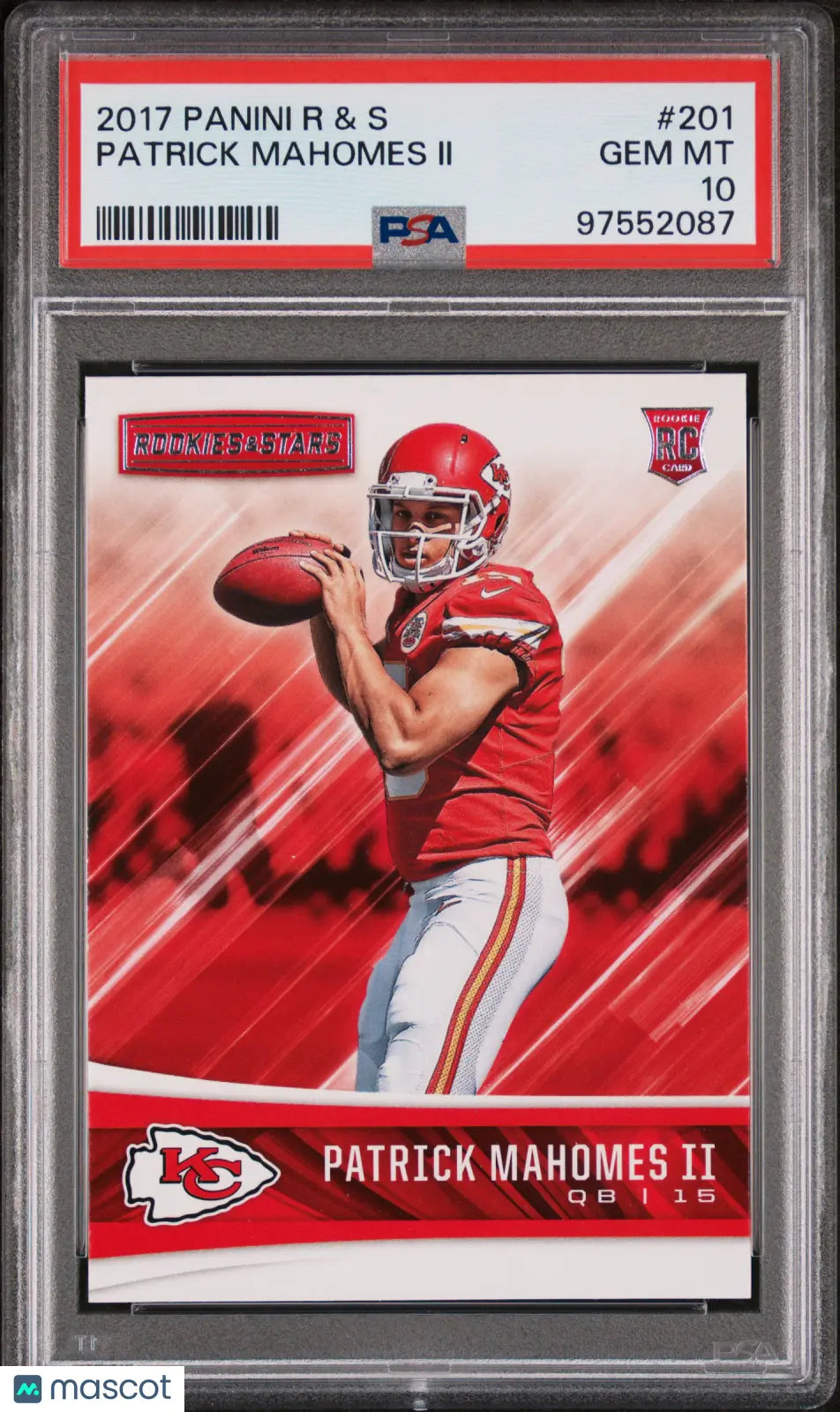 2017 Panini Rookies & Stars Patrick Mahomes II Rookie Card PSA 10 Gem Mint #201 - Perfect for NFL Collectors and Sports Memorabilia Enthusiasts