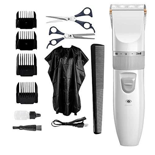 Professional Hair Clippers for Men & Kids - Cordless USB Rechargeable Hair Trimmer for Beard, Body & Head - Includes Scissors & Apron (White) - Perfect for Home Haircuts, Grooming & Styling