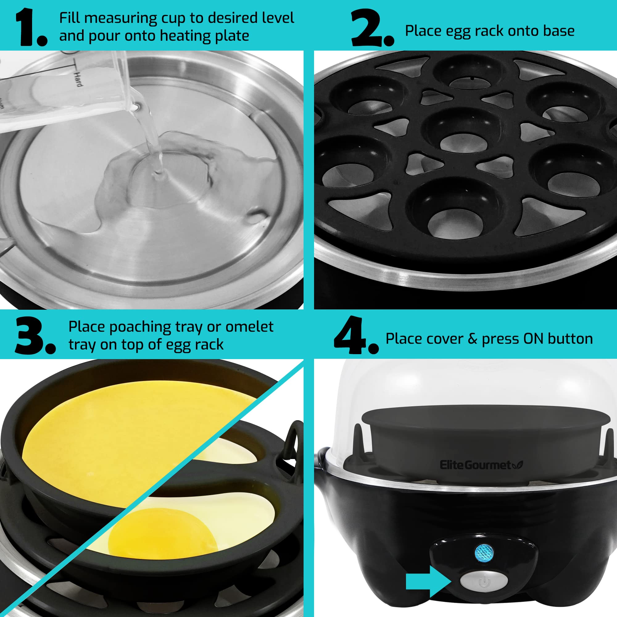 Elite Gourmet EGC-007B# Rapid Egg Cooker - 7 Egg Capacity for Hard, Medium, Soft Boiled Eggs & Omelets | Auto Shut-Off & Alarm | Includes 16-Recipe Booklet | Perfect for Breakfast, Meal Prep & Healthy Cooking (Black)