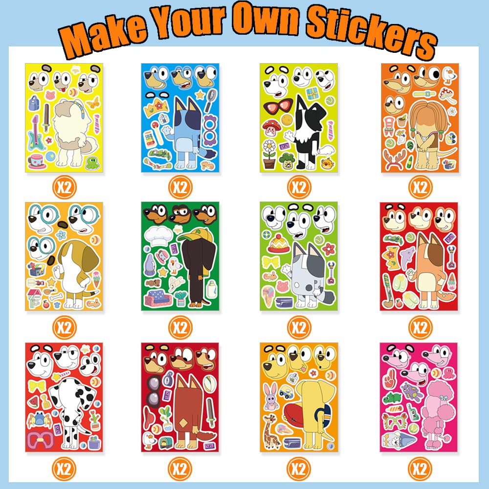 24 Sheets DIY Make a Face Stickers - Puzzle Role Play Craft Stickers for Kids, Birthday Party Favors & Room Decorations (Blue Dog Design, TZ-BLY1) - Perfect for Classroom Activities, Gift Giving & Creative Playtime