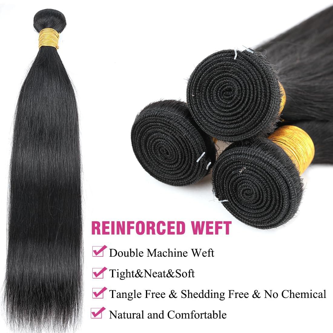 Brazilian 100% Unprocessed Virgin Human Hair Bundles Straight 12A - 3 Bundles (16, 18, 20 Inch) Natural Black for Quick Weave | Perfect for Salon Styling, Hair Extensions & Everyday Glamour