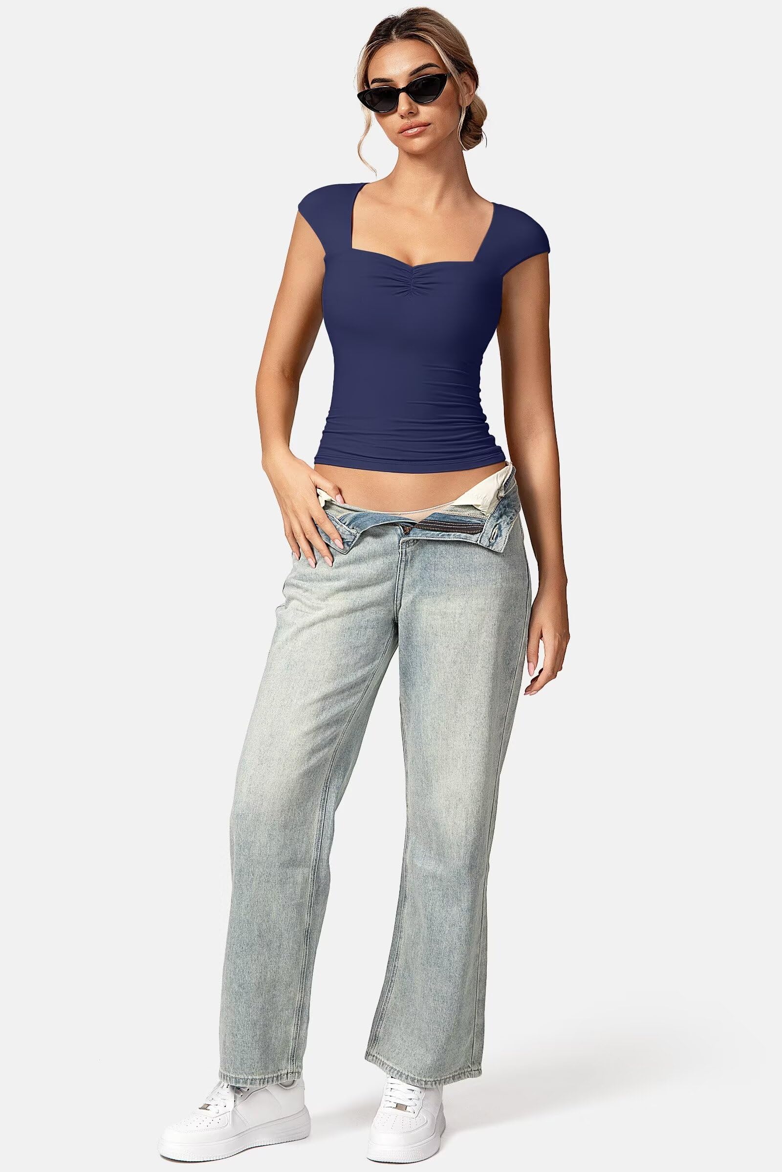 Vertvie Women's Double Lined Cap Sleeve T-Shirt with Built-in Bra - Sweetheart Neckline Fitted Summer Top for Casual Wear, Beach Outings & Date Nights
