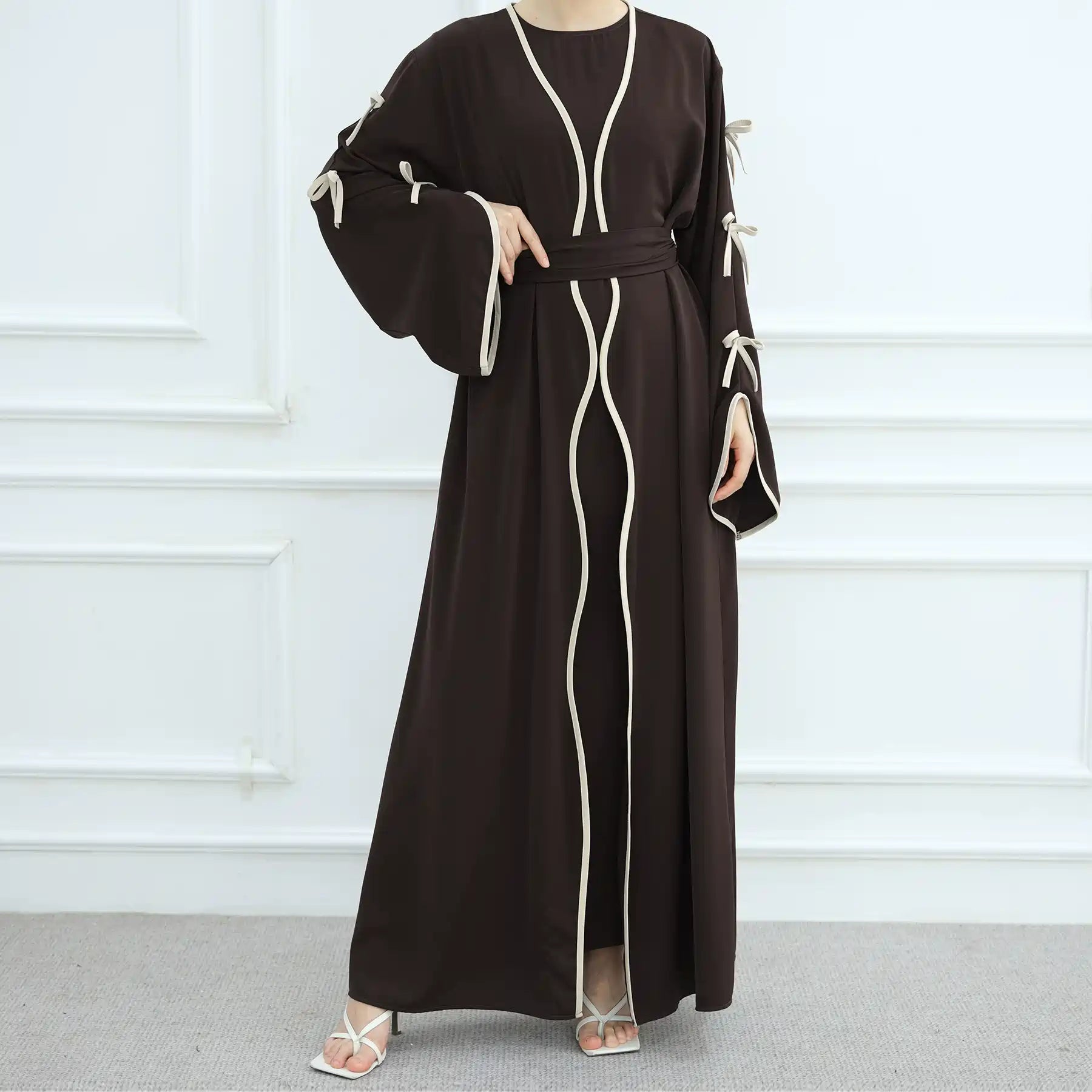 2-Piece Soft Nida Open Abaya Dress Set with Inner Sleeveless Dress - Elegant Muslim Prayer Dress for Women (Beige, #251003) | Perfect for Eid, Ramadan, Mosque & Special Occasions
