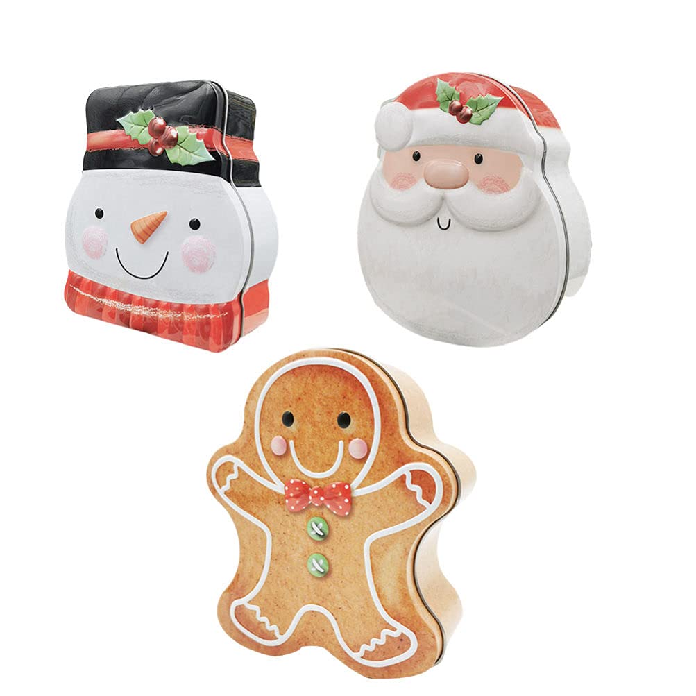 3-Piece Christmas Cookie Tin Set - Gingerbread Man, Santa & Snowman Empty Candle Tins | Mini Tea Storage Containers for Candy, Treats & Chocolate | Holiday Baking, Gift Giving & Kitchen Organization