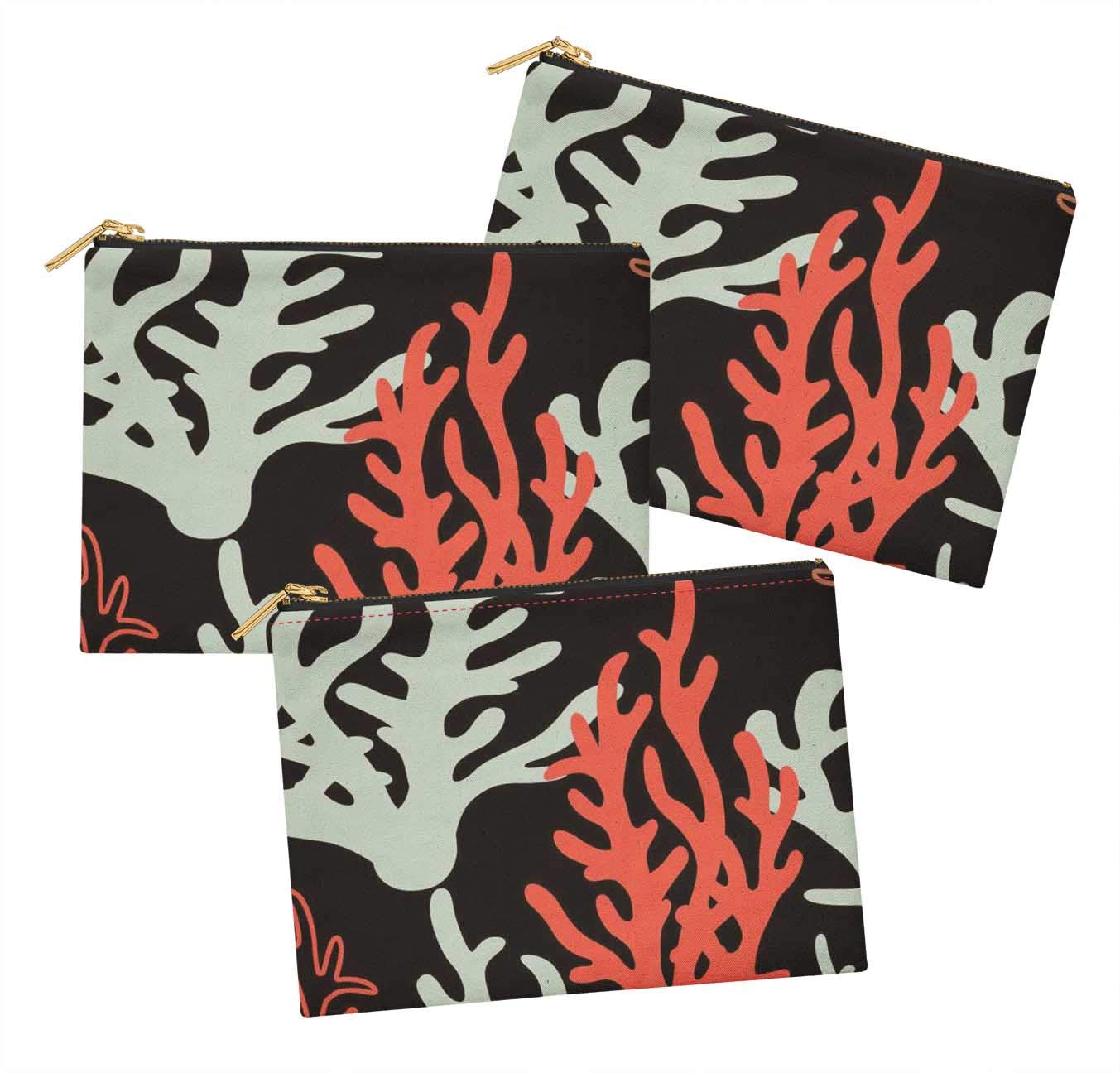 Stylish Black Coral Ocean Printed Makeup Cosmetic Bag Set of 3 - 6x8 Inch Toiletry Organizer & Coin Purse for Travel, Gym, and Daily Essentials