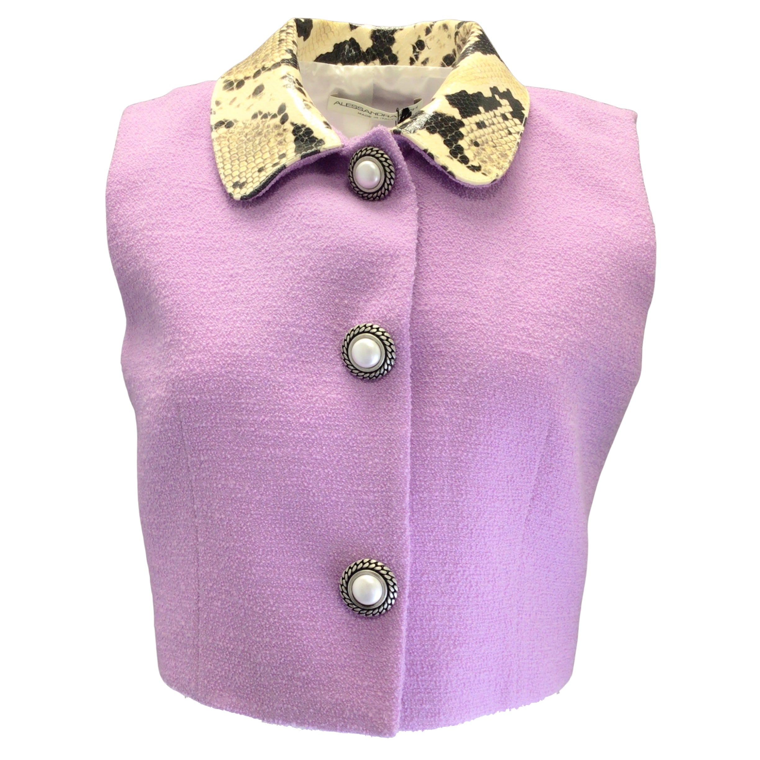 Alessandra Rich Lilac Python Print Leather Collar Tweed Boucle Knit Gilet Vest for Women | Fashionable Layering Piece for Fall & Winter Outfits | Perfect for Office, Parties & Special Occasions