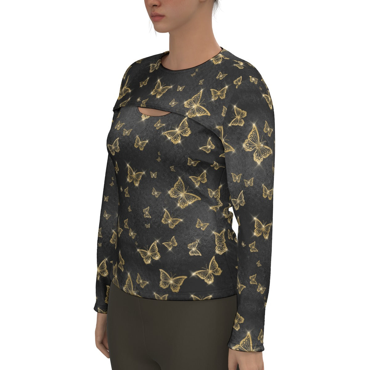 Golden Butterflies Two-Piece Sport Sweatshirt Set - Women's Athletic Hoodie & Joggers Outfit for Gym, Yoga & Casual Wear
