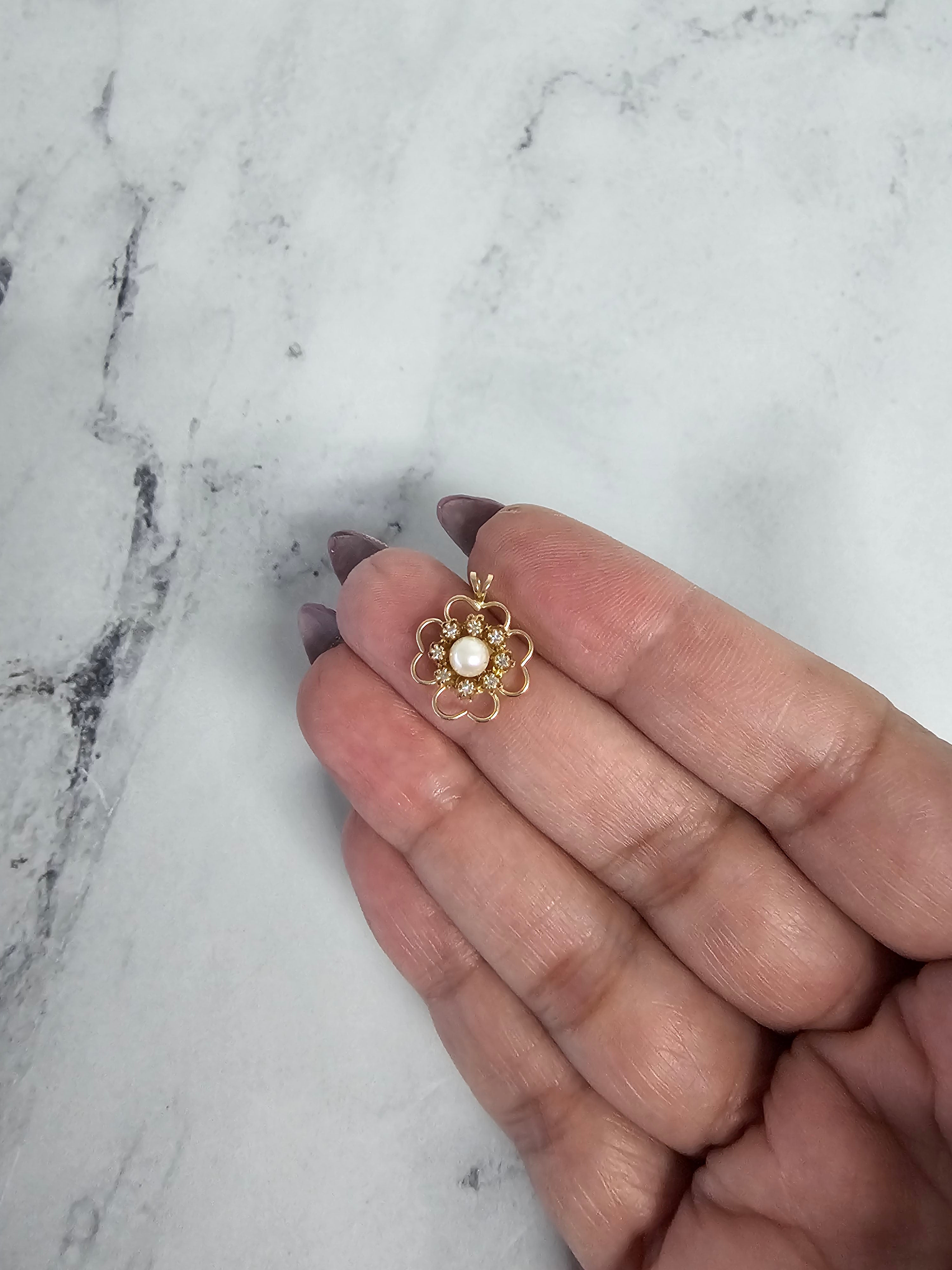 14K Yellow Gold Diamond Halo Necklace with Flower-Shaped Pearl Center - Elegant Jewelry for Weddings, Anniversaries & Special Occasions