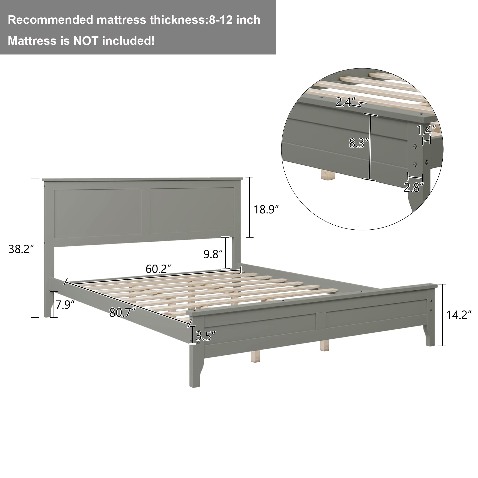 Queen Size Bed Frame with Headboard - 800 lbs Heavy Duty Platform Bed in Gray Pine Wood for Bedroom