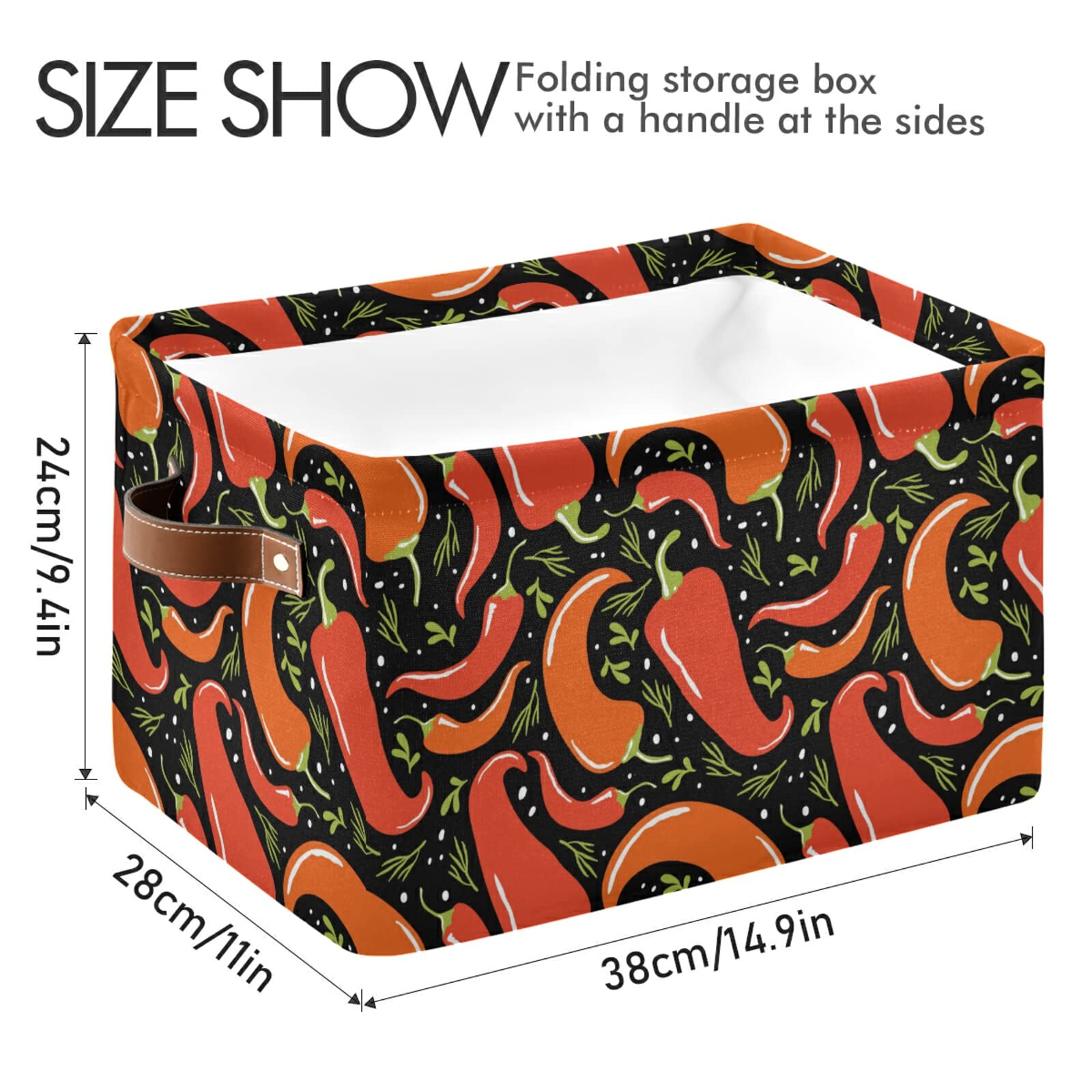 Susiyo Large Foldable Storage Bin - Collapsible Fabric Basket with PU Handles for Home Organization (Chili Mexican Pepper Design) - Perfect for Shelves, Closet, Bedroom & Living Room Storage - 1 Pack