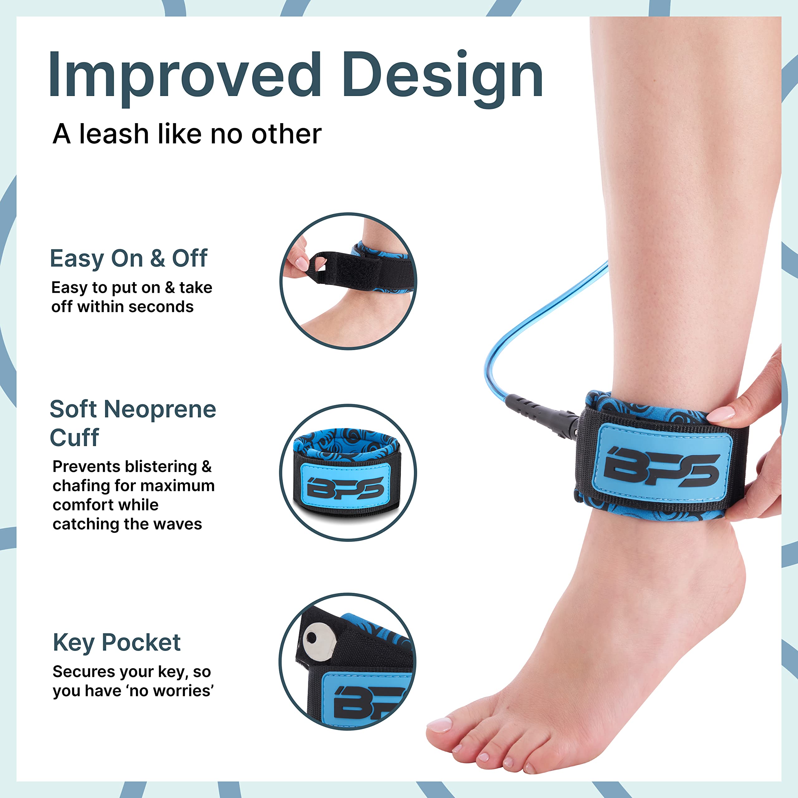 Premium Surfboard Leash 6ft 7ft 8ft 9ft 10ft - BPS New Zealand 'Storm' 7.2mm & 8mm Straight Surf Leash with Legrope Strap for All Boards - Perfect for Big Waves, Pro Surfing & Water Sports