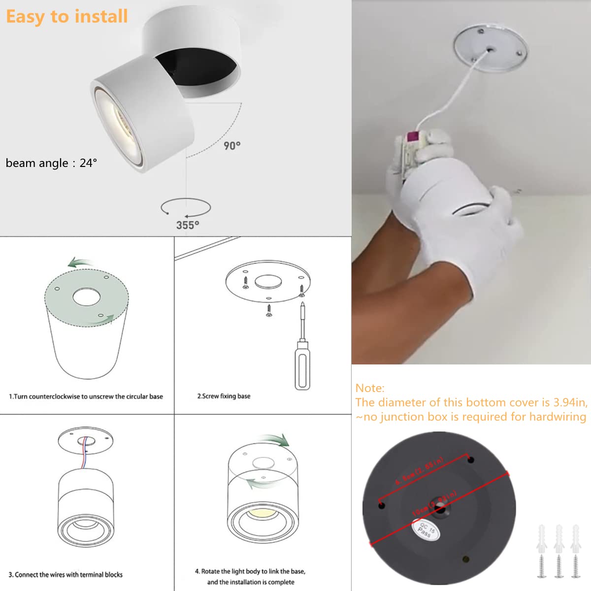 360° Adjustable LED Ceiling Spotlight - 10W COB Surface Mount Downlight with 3000K/4000K/6000K Color Temperature - Aluminum Wall & Ceiling Swivel Lamp for Living Room, Bedroom, Kitchen Lighting (White, 4000K Natural Light)
