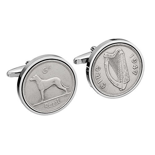 Vintage 1947 Ireland Lucky Coin Cufflinks - Rhodium Plated Irish Shamrock Gift for Men, Perfect Birthday Present for Dad, Husband & Collectors | Formal Wear, Wedding & Special Occasion Accessories