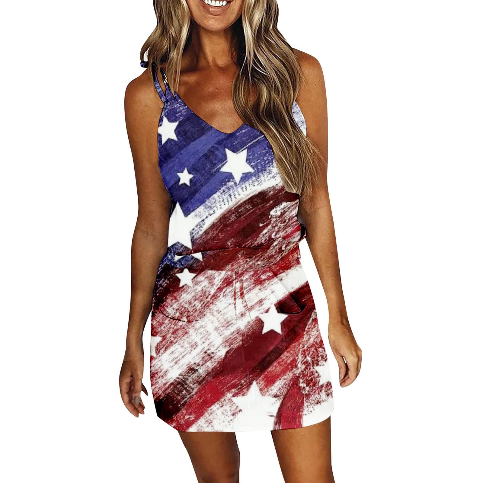 **Women's Summer Dress - Red Floral Striped Spaghetti Strap Mini Dress for Beach, 4th of July, Independence Day | Casual Outfit, Party Wear, Vacation Style**