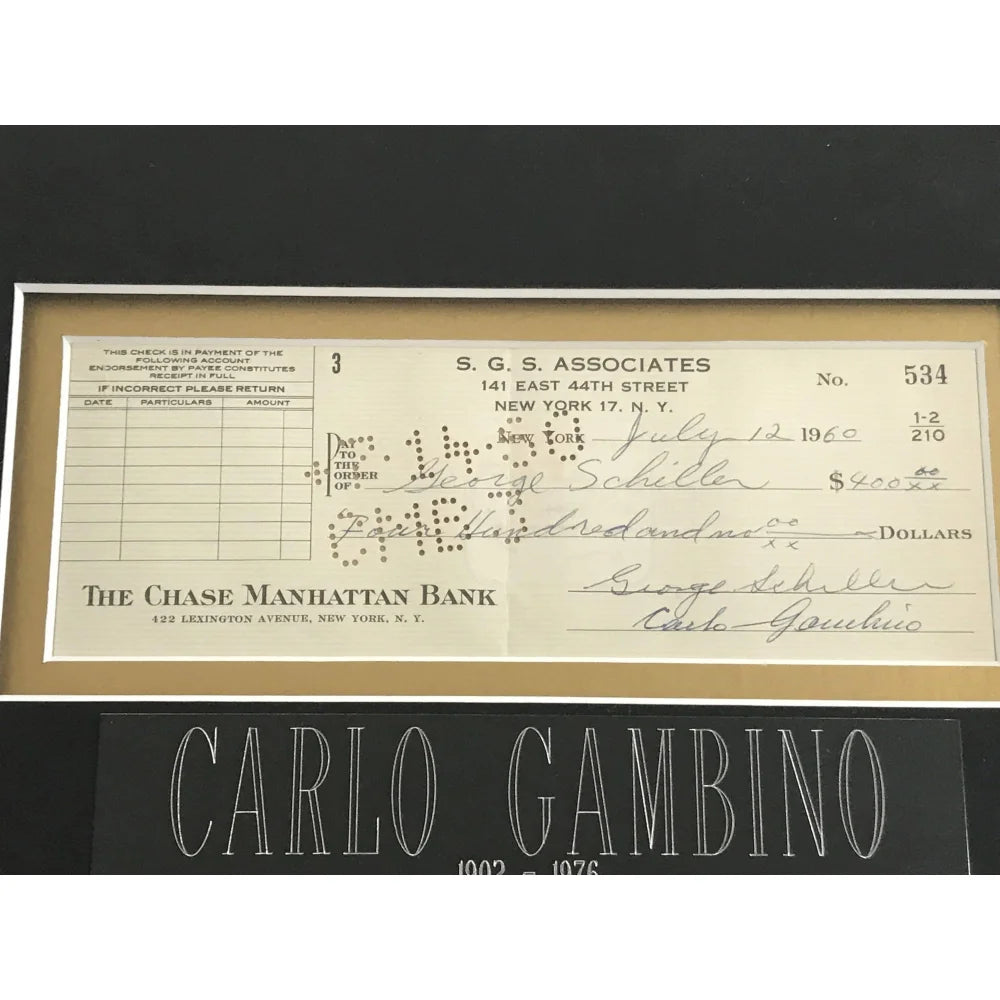 Authentic Carlo Gambino Signed Personal Check with JSA COA - Framed Mafia Crime Family Memorabilia - Perfect for Collectors, Mob History Enthusiasts & Unique Wall Decor