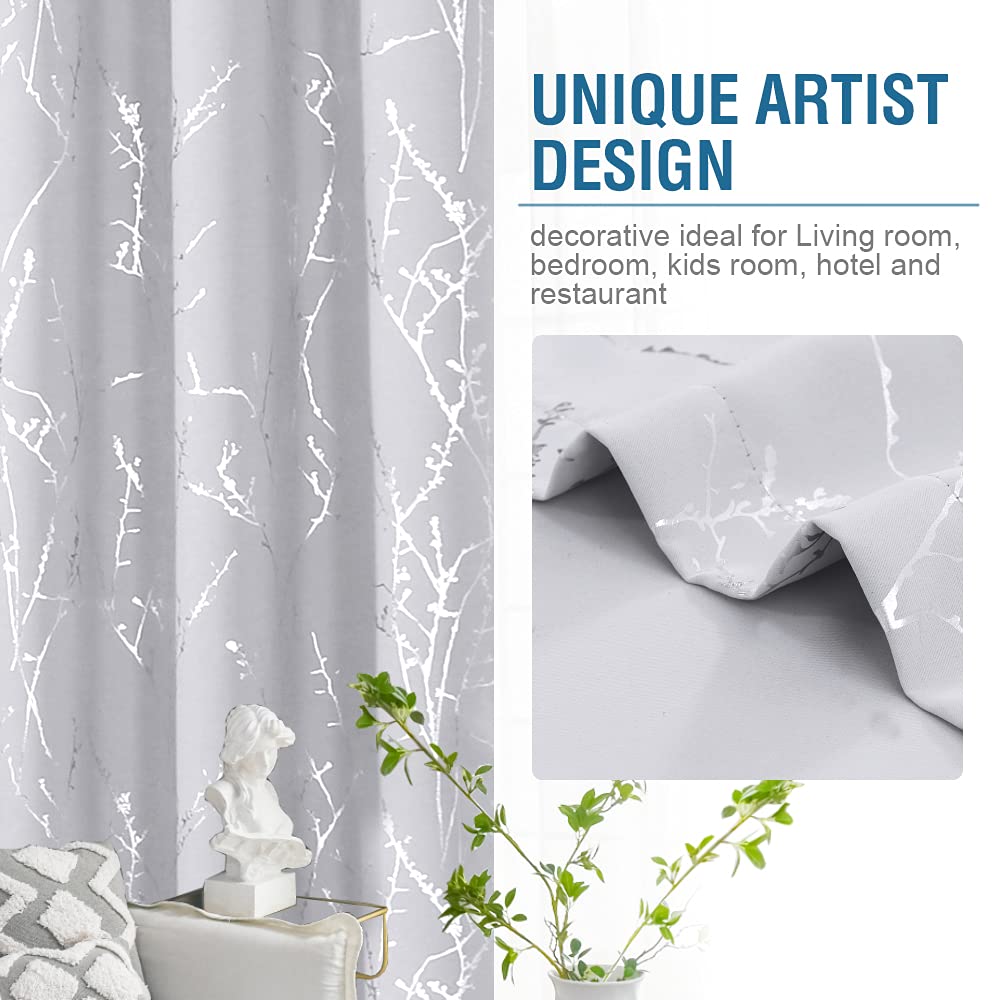 H.VERSAILTEX Blackout Curtains 52x96 Inch - Thermal Insulated Light Blocking Window Curtains with Foil Print Twig Tree Branch Design, Grommet Top for Bedroom & Living Room (2 Panels, Greyish White) - Perfect for Home Theater, Nursery & Shift Workers