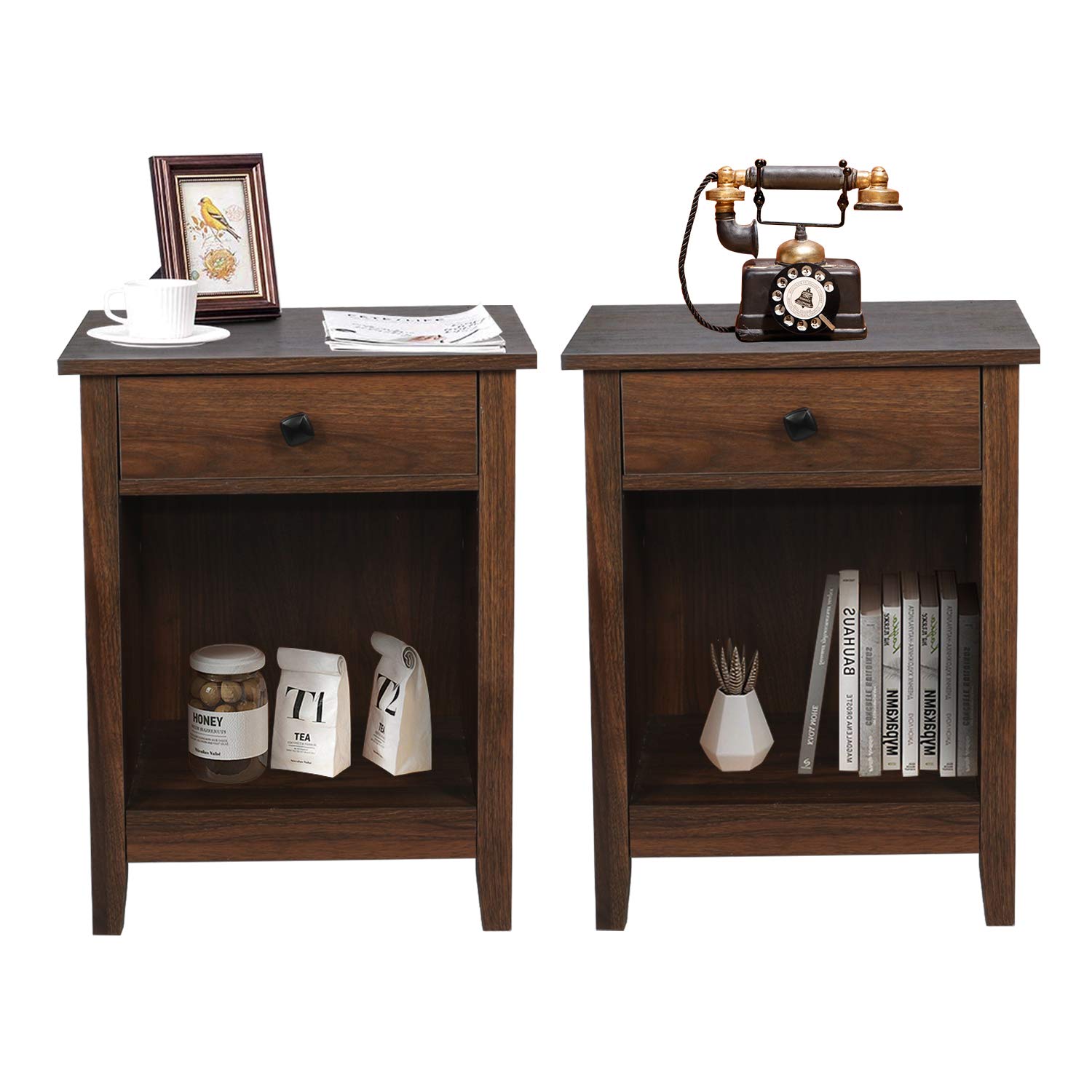 GBU Bedroom Nightstands - Set of 2 Wooden Night Stands with Drawer, Large Storage End Tables for Bedroom (18.11