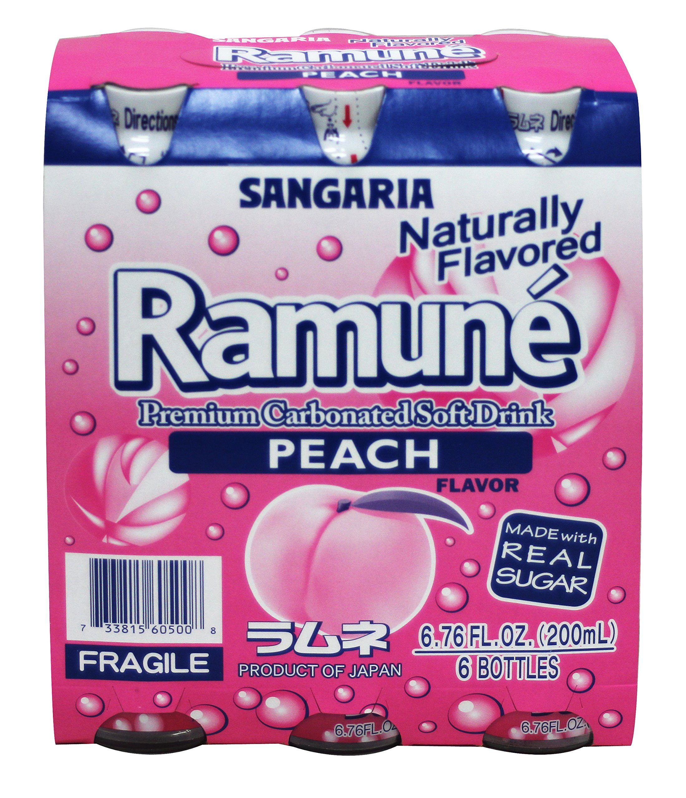 Sangaria Ramune Japanese Soda - Peach Flavor, 6.76oz (6-Pack) | Refreshing Carbonated Drink for Parties, BBQs & Asian Cuisine Pairing