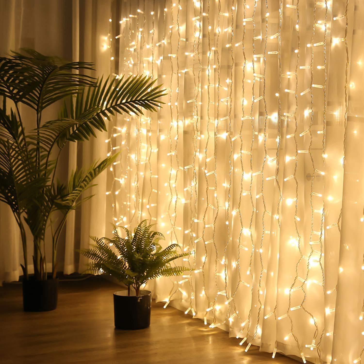 Brightown 9.8 Ft Dimmable LED Curtain Lights with Remote - 300 Warm White LEDs, 8 Lighting Modes & Timer - Connectable Hanging Window Lights for Bedroom, Wall, Party Decor - Indoor & Outdoor Use (Curtain Not Included) - Perfect for Christmas, Weddings, and Home Decoration
