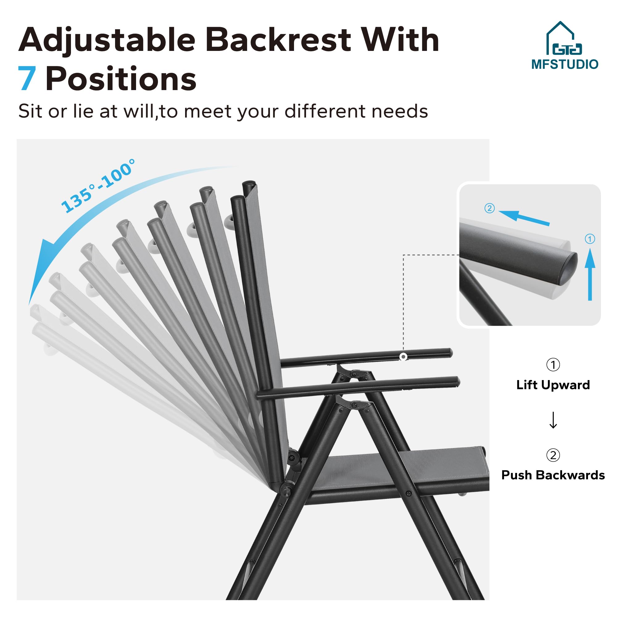 MFSTUDIO 2-Pack Patio Folding Dining Chairs - Adjustable Outdoor Sling Chairs for Garden, Lawn & Deck - Portable Grey Patio Furniture Set (7-Level Reclining) - Perfect for Backyard BBQs, Poolside Relaxation & Outdoor Dining