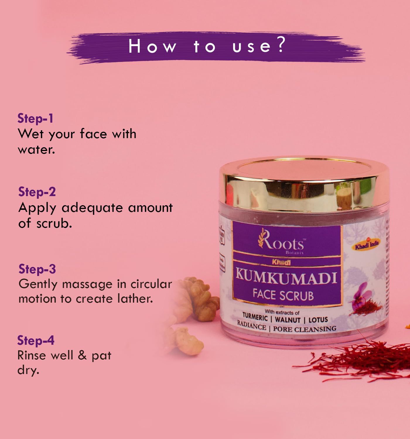 Roots Botanix Kumkumadi Face Scrub - Natural Pore Cleansing & Gentle Exfoliation with Lotus, Turmeric & Walnut (100g) for Glowing Skin - Perfect for Daily Skincare Routine & Acne-Prone Skin