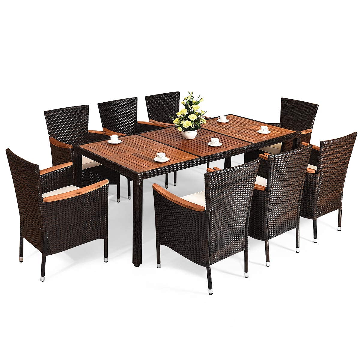 **Acacia Wood Rattan Wicker Outdoor Dining Set with Stackable Chairs - 9-Piece Patio Furniture for Garden, Backyard, and Poolside Entertaining**