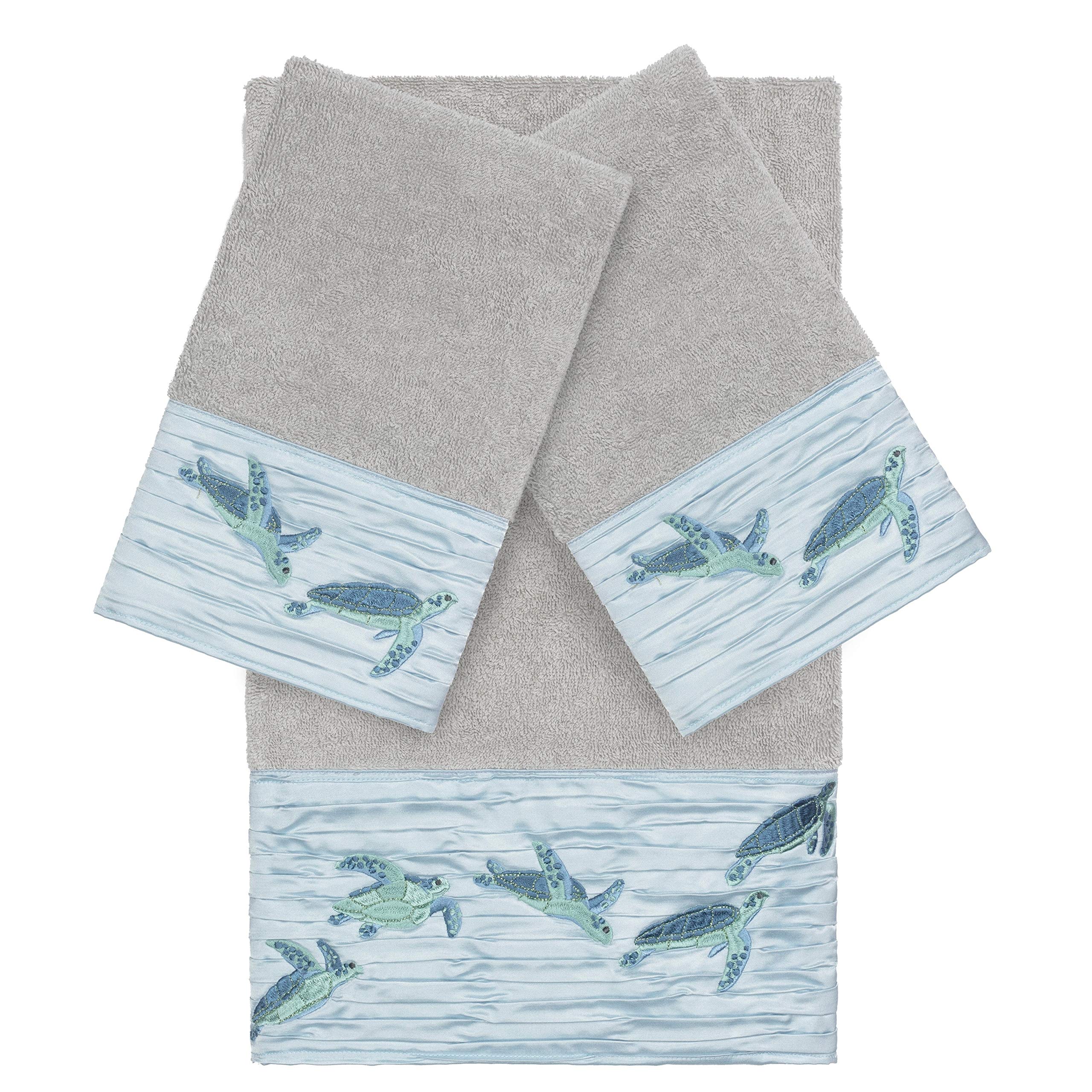 Premium Turkish Cotton Embroidered Turtle Design 3-Piece Bath Towel Set - Light Grey | Soft & Absorbent for Bathroom, Spa & Beach Use
