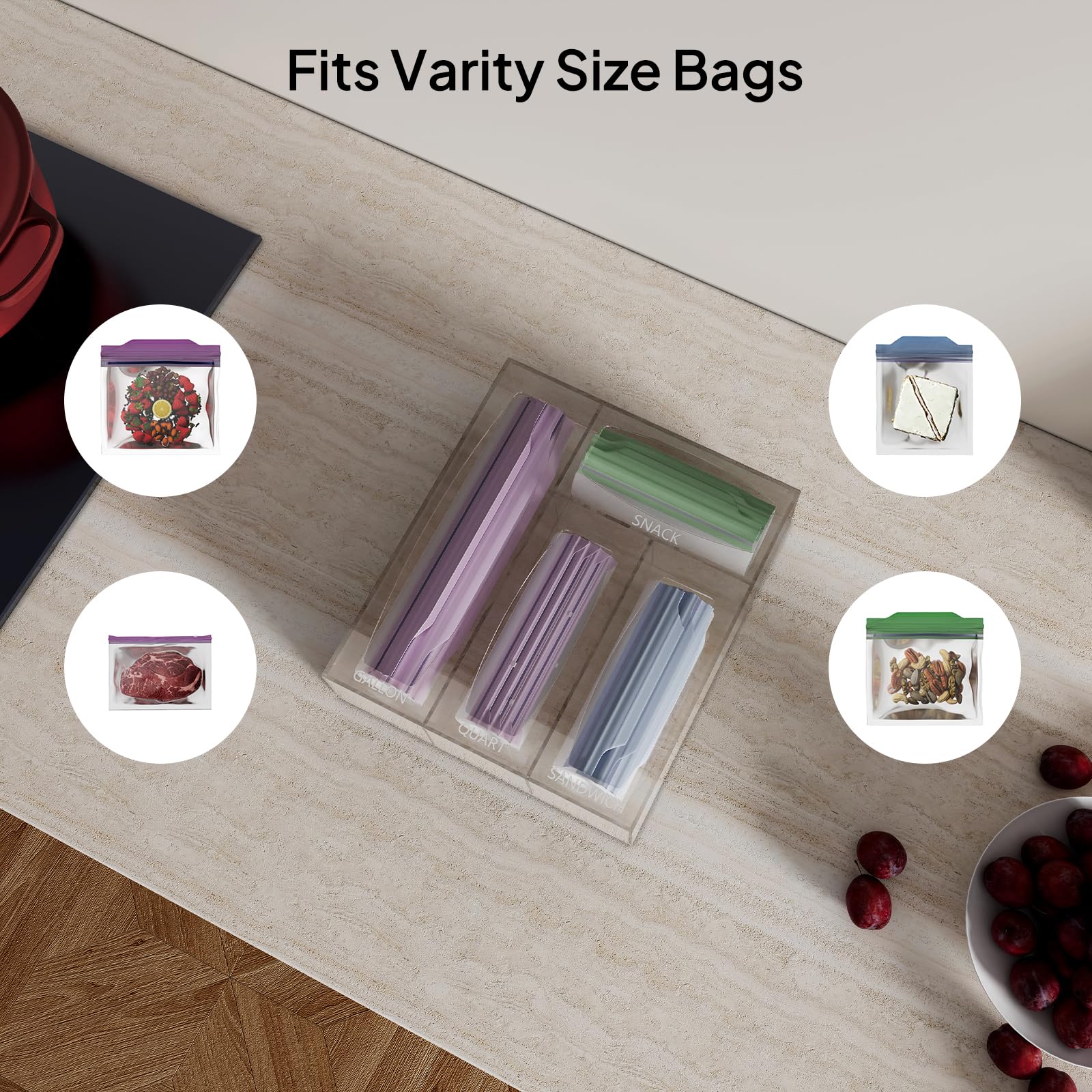 Aquiver Acrylic Bags Storage Organizer - Clear Plastic Food Storage Bags Holder & Drawer Organizer for Gallon, Quart, Sandwich, Snap, Freezer, Slider Bags - Perfect for Kitchen Pantry, Refrigerator & Cabinet Organization