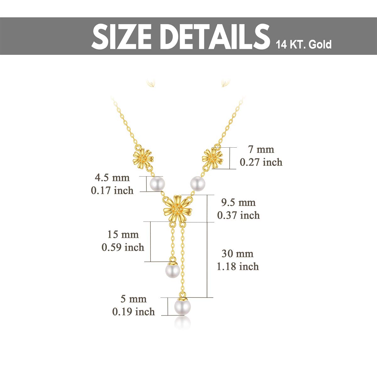 14K Solid Gold Sunflower Necklace for Women - Elegant Gold Pearl Y-Shaped Lariat Necklace | Perfect Birthday, Anniversary & Mother's Day Jewelry Gift for Mom & Wife | 16