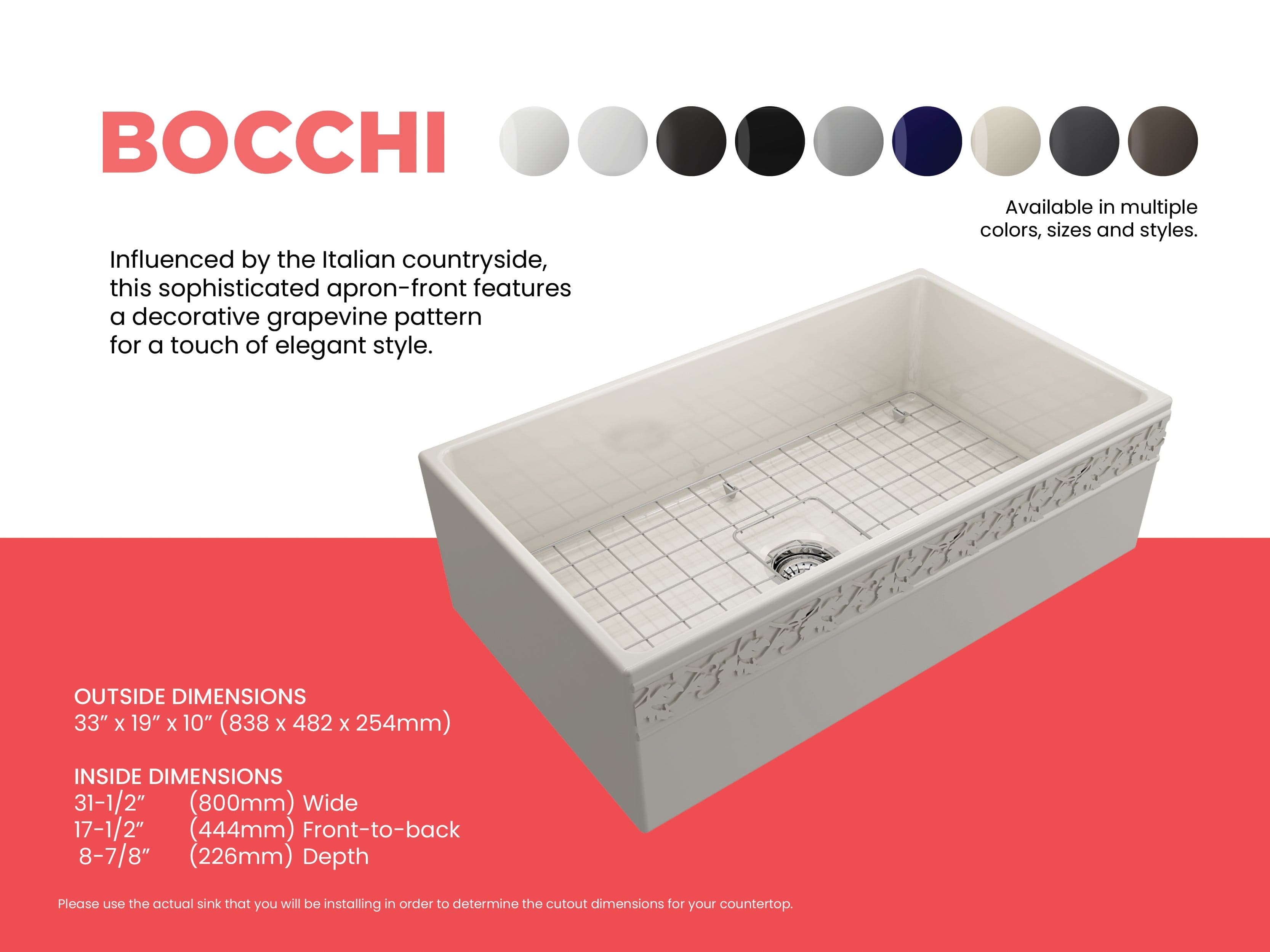 BOCCHI VIGNETO 33 Fireclay Farmhouse Single Bowl Kitchen Sink with Protective Bottom Grid & Strainer - Durable Fireclay Sink for Modern Farmhouse Kitchens, Perfect for Food Prep, Dishwashing & Entertaining